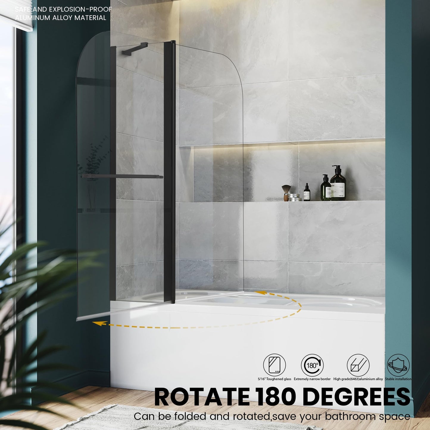 Bathroom Shower Glass Door, Tub Shower Glass Door 43”*58” Screen Panel Tempered Glass, Frameless Pivot Shower Door Matte Black with Handle