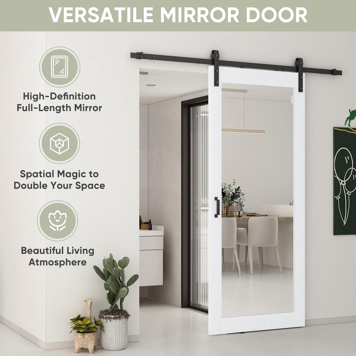 JUBEST 42x84 in Mirror Barn Door and 7FT Sliding Door Hardware Kit Included, White Full Length Mirror, Solid Wood Panel Covered with Water-Proof PVC Surface, No Assembly Required