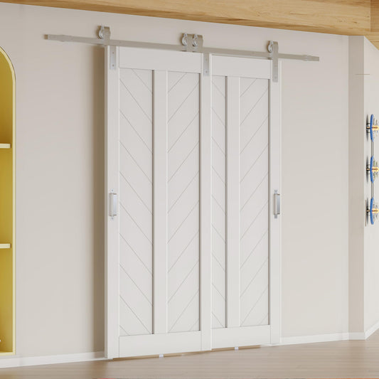 Lakenyon Bypass Barn Doors, 72" x 84" Sliding Barn Door with 6.6FT Silver Sliding Bypass Barn Doors Hardware Kit, Single-Track for Double V-Frame Doors, MDF & DIY Painted, Easy Installation - White