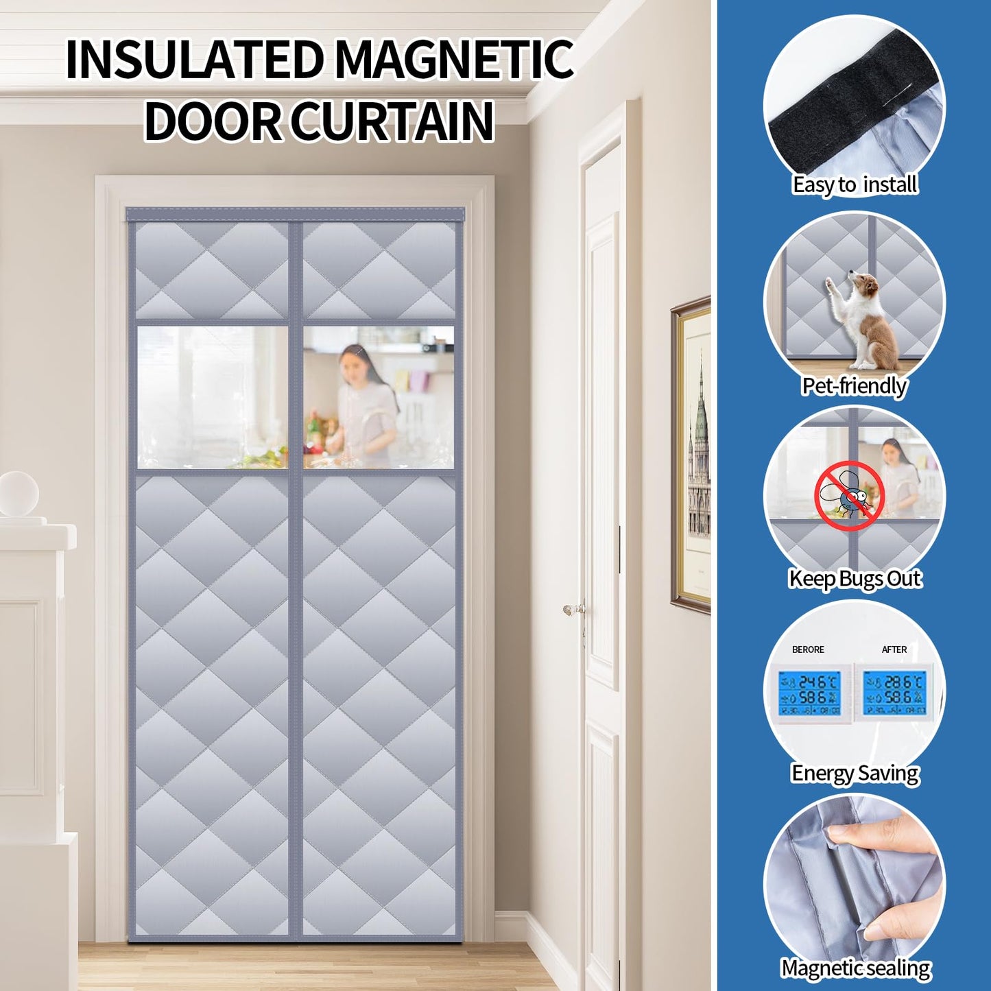 Magnetic Thermal Insulated Door Curtain with Detachable Visible Windows, Thicken Polyester Fiberfill & Durable Oxford Fabric, Hands Free Windproof Door Screen