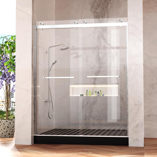 Frameless Shower Door, 5/16" (8mm) Clear Tempered Glass Shower Door, 56-60" W x 74" H, Quiet Soft-Close, Reversible Installation, SGCC Certified (Brushed Nickel-Double Sliding Style A, 60" W x 74" H)