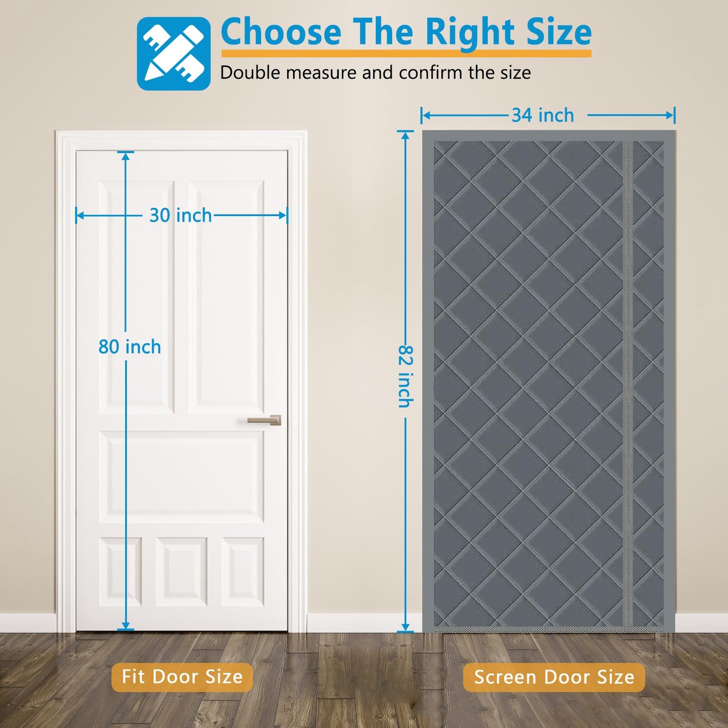Magnetic Thermal Insulated Door Curtain, 30 x 80 Inch Winter Door Cover Curtain Size 34 x 82 Waterproof Thick Insulation Blanket, Side Opening, Gray