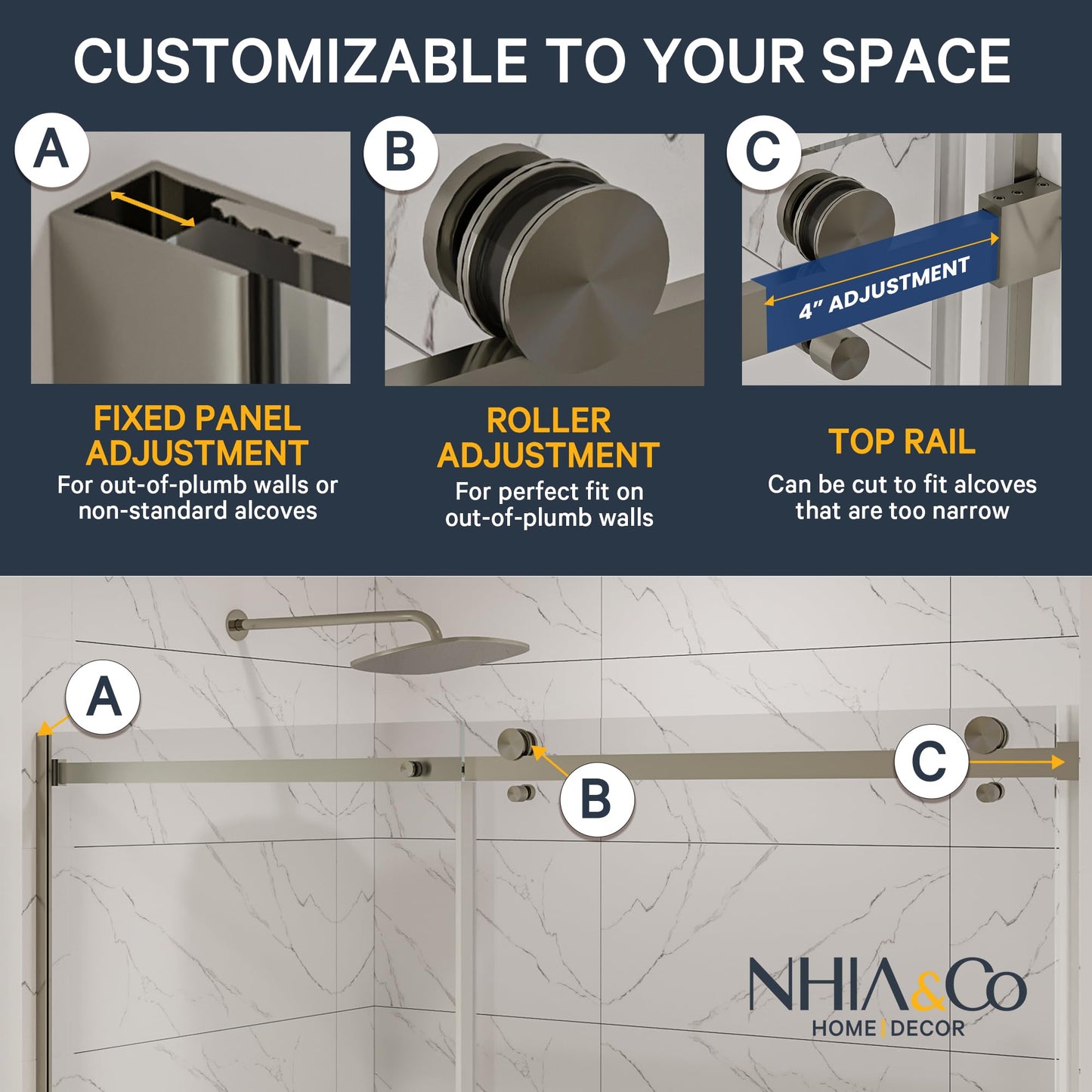 Semi-Frameless Sliding Shower Door – 56-60" x 70”, Tempered Glass Shower Door, Corrosion Resistant Hardware, Smooth Glide Rollers, Reversible Installation, Leak-Proof Magnetic Lock (Brushed Nickel)
