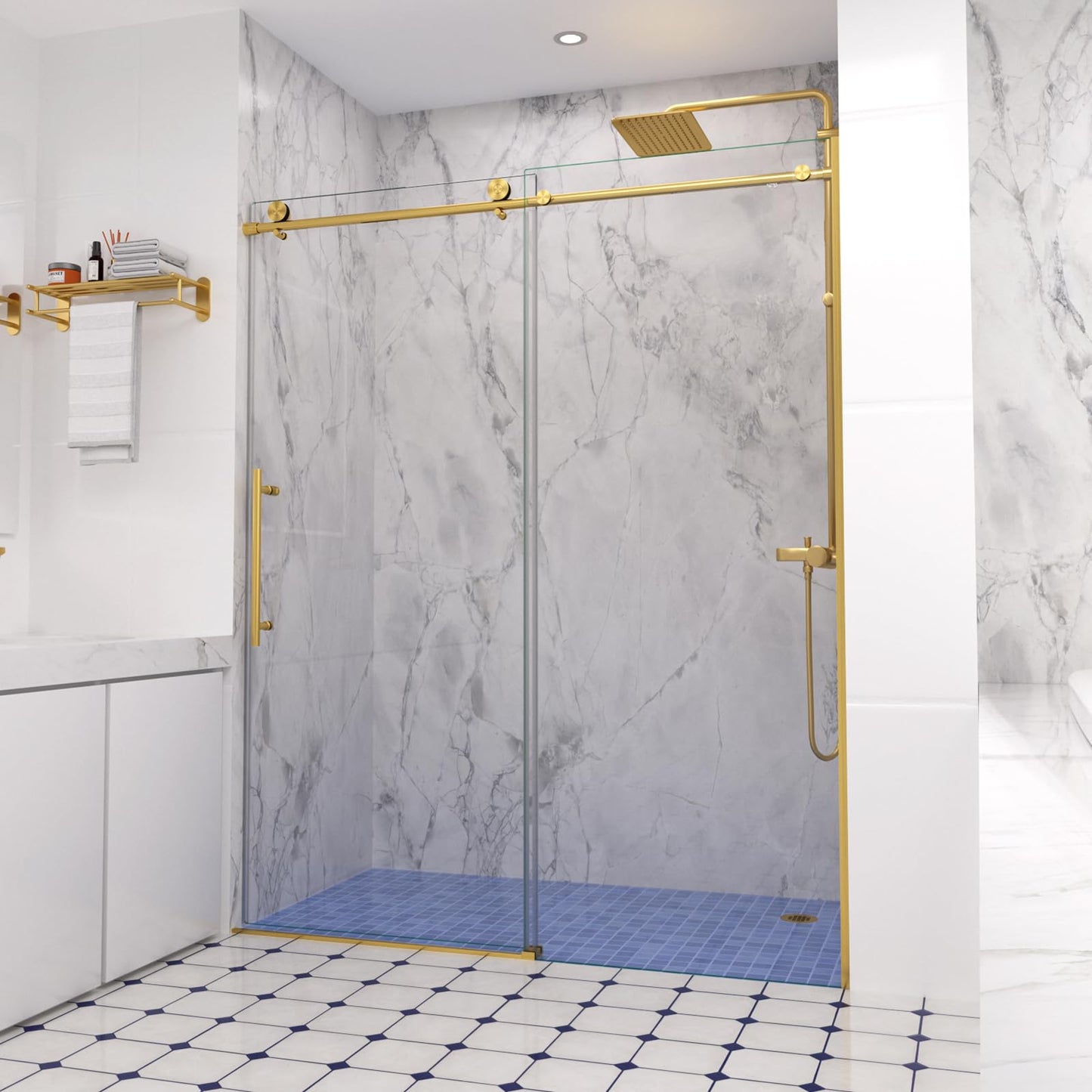Shower Door,56-60" W x 74" H Frameless Single Sliding Shower Doors with Soft Close System,5/16" (8mm) Clear Tempered Glass with Nano Coating,Stainless Steel Hardware,Brushed Gold