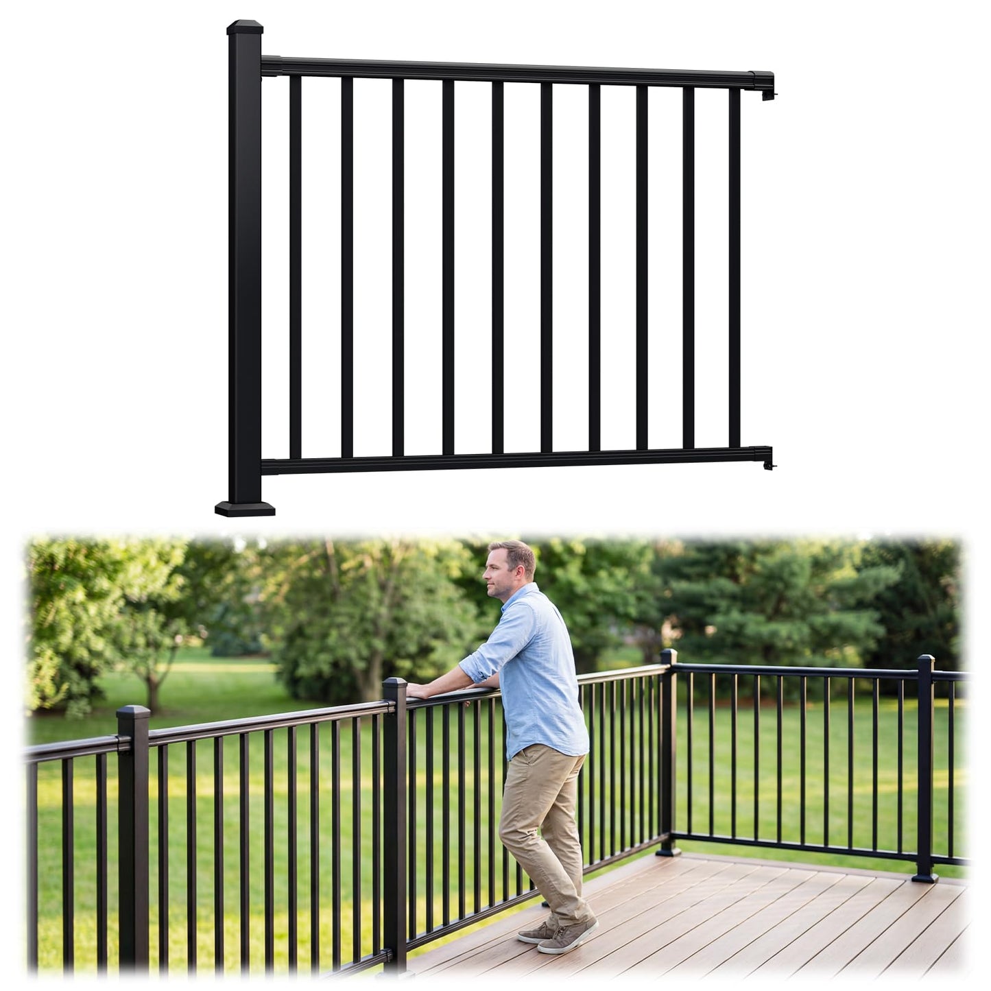 Egadis 42 in. H x 4 ft. W Porch and Deck Railing Kit, Aluminum Railing Kit, Black Textured AAMA 2604 Powder-Coat Finish Modular Rail System for Outdoor Decks, Porches & Balconies (1 Post, 1 Panel)