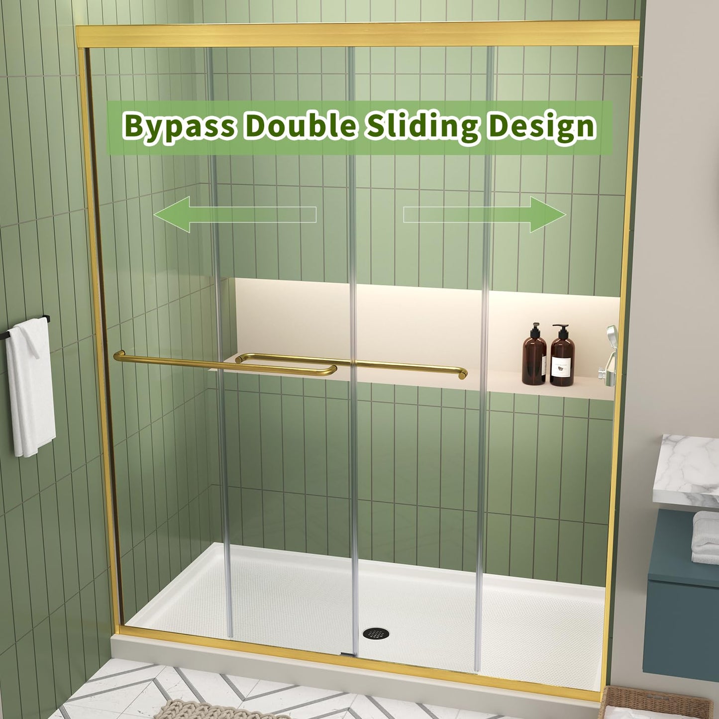 ACE DECOR 56-60" W x 70" H Semi-Frameless Shower Door, Double Sliding Shower Door with 1/4" (6mm) Clear SGCC Tempered Glass, Brushed Gold Finish Shower Doors, Reversible Installation