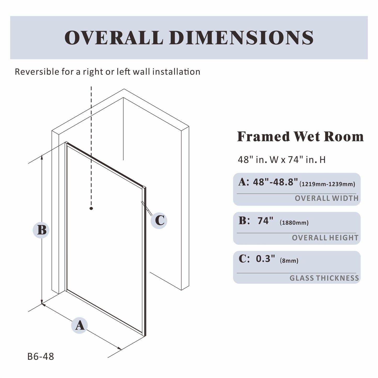 Shower Framed Glass Panel, 48" W x 74" H Shower Screen, 5/16" (8mm) Tempered Glass Shower Door, Fit for Walk-in Bathroom, Matte Black Fixed Shower Door