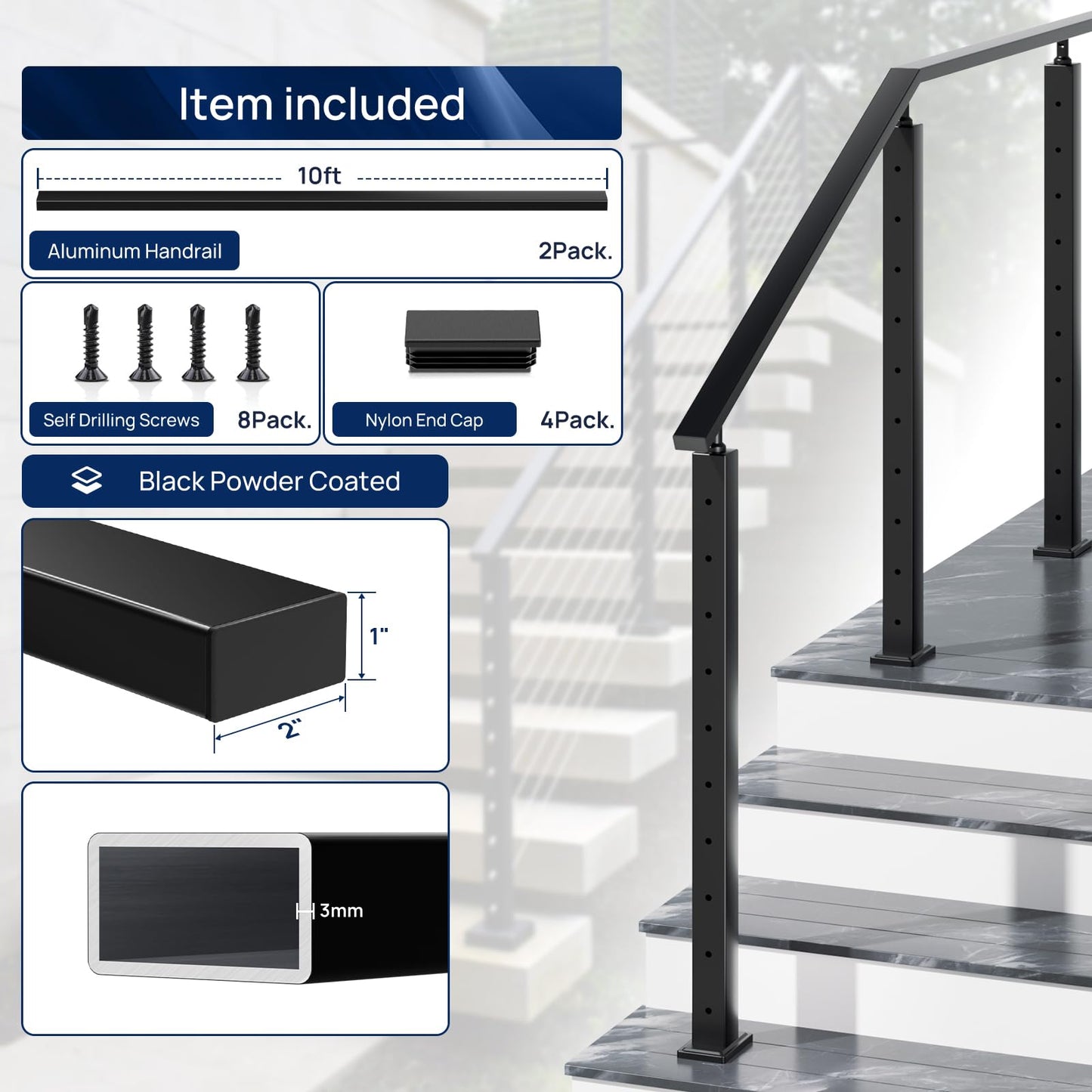 2 Pack 10FTx 2"x1" Aluminum Black Handrail with Self Drilling Screws Nylon End Caps, AAMA 2604 Coating, 2.8mm Thick Flat Handrail Cuttable Top Rail for Deck Stair Railing Indoor Outdoor