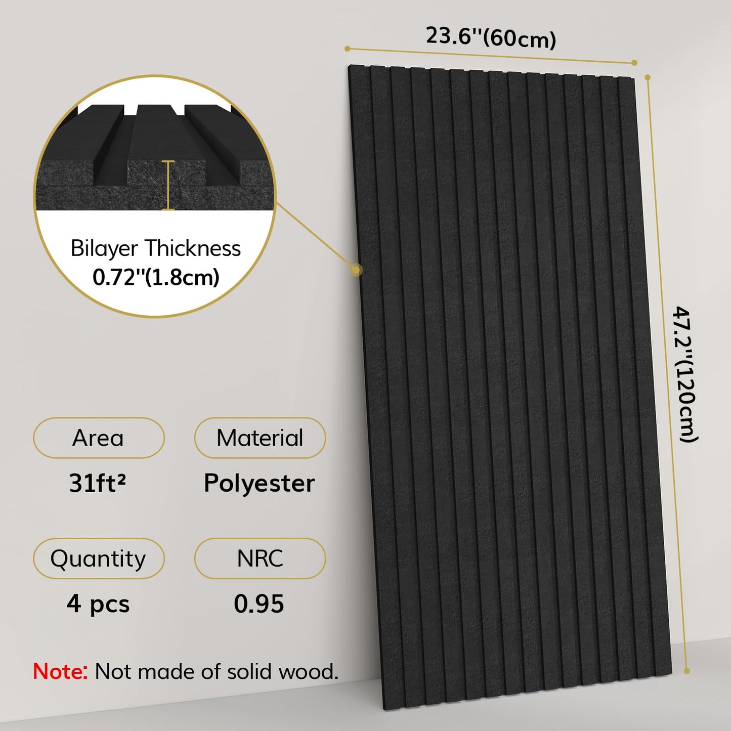 TONOR Dual-Layer Thickened Acoustic Wall Panels Self Adhesive, 4 Pack 47.2"x23.6"x0.72" High Density Large Sound Proof Panels for Walls, Peel and Stick Wall Panels for Interior Wall Décor, Black