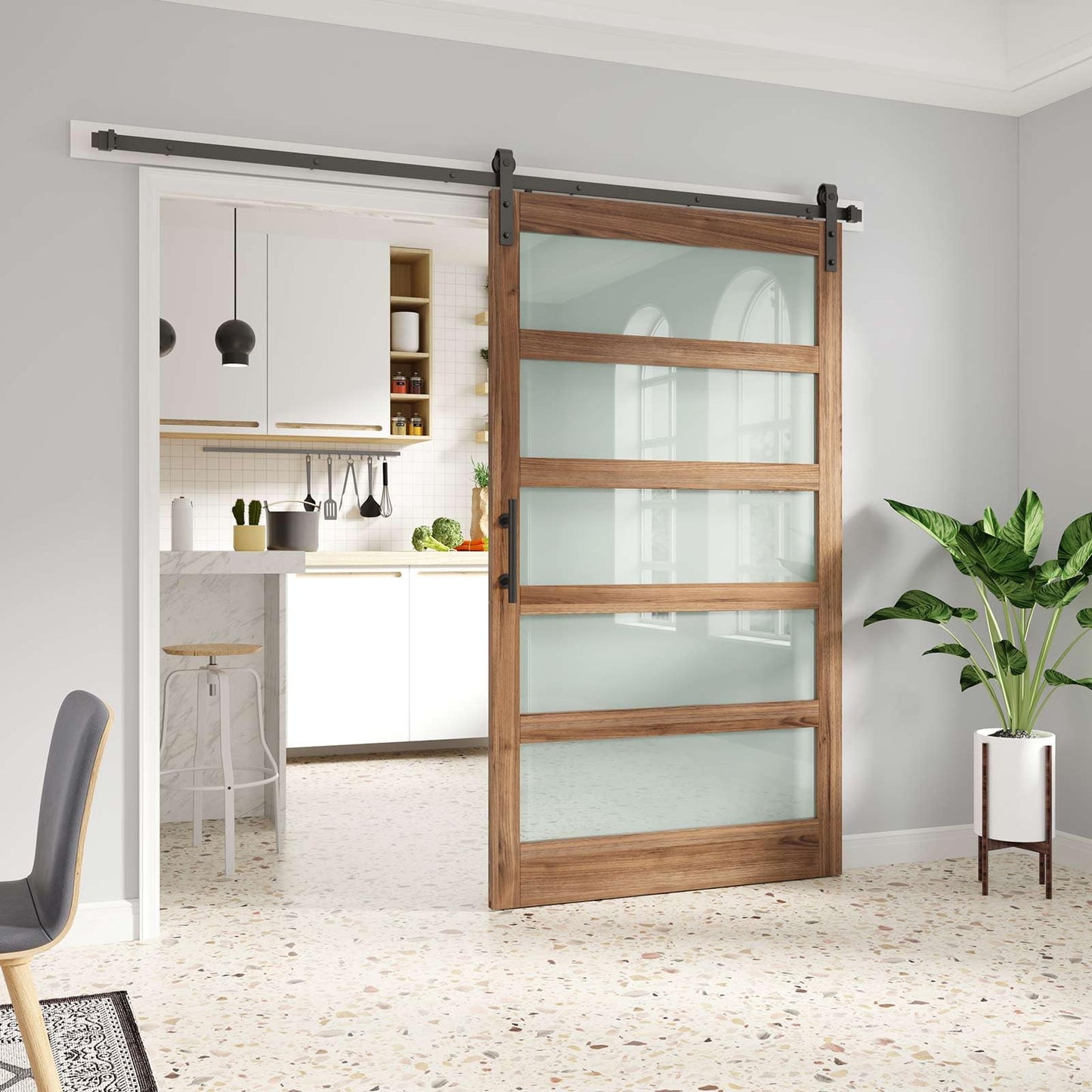 FREDBECK 48 x 84 inch Glass Barn Door with 8FT Barn Door Hardware Kit & Handle Included,5-Panel Frosted Glass,Wood Panel, Water-Proof Surface,Pre-Drilled Holes,Need Assembly