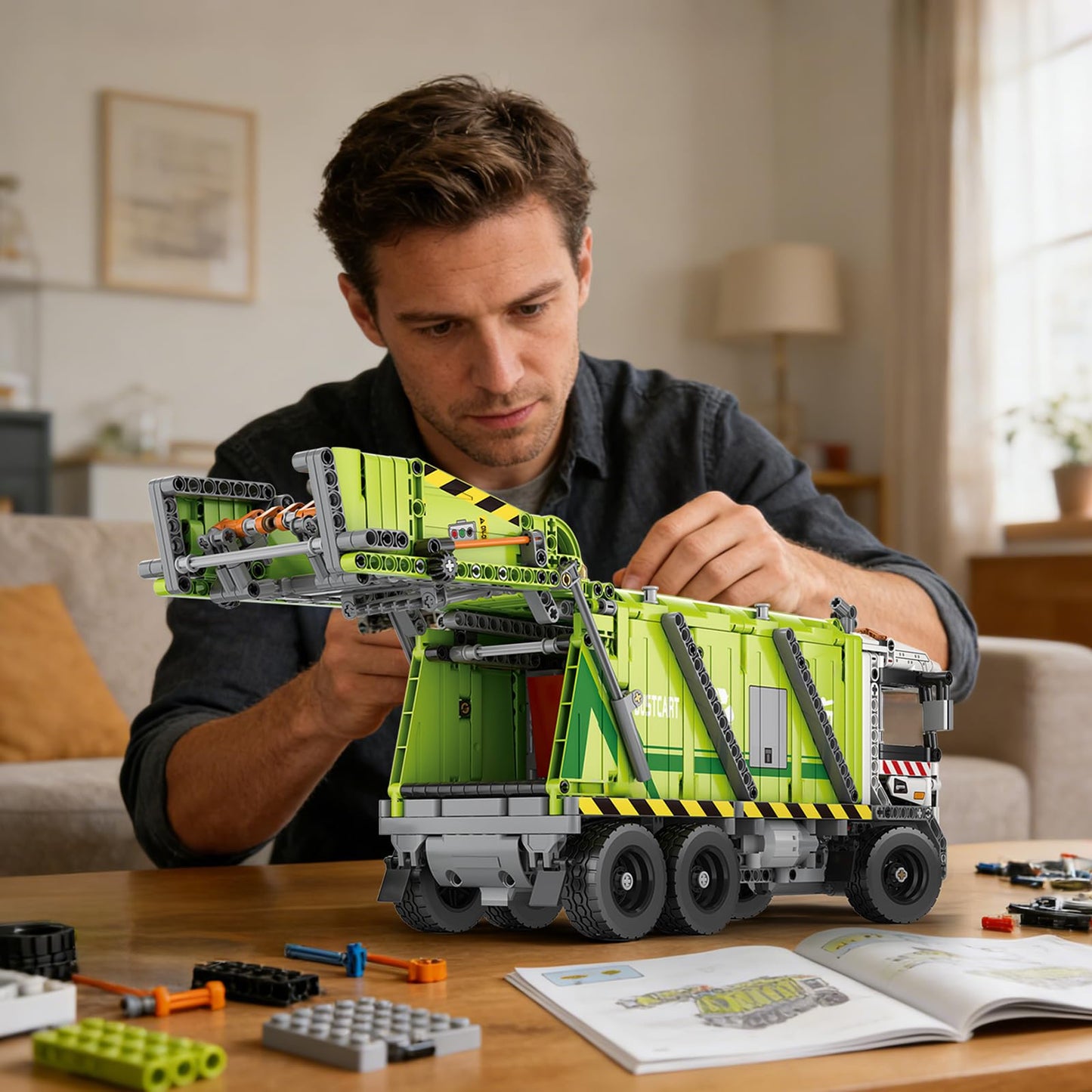 Reobrix Large Garbage Truck Building Set, RC Trash Truck for Adults with Interactive Functions, Compressed Rubbish Truck Model for Home Decor, Creative Gift for Vehicle Enthusiasts 14+