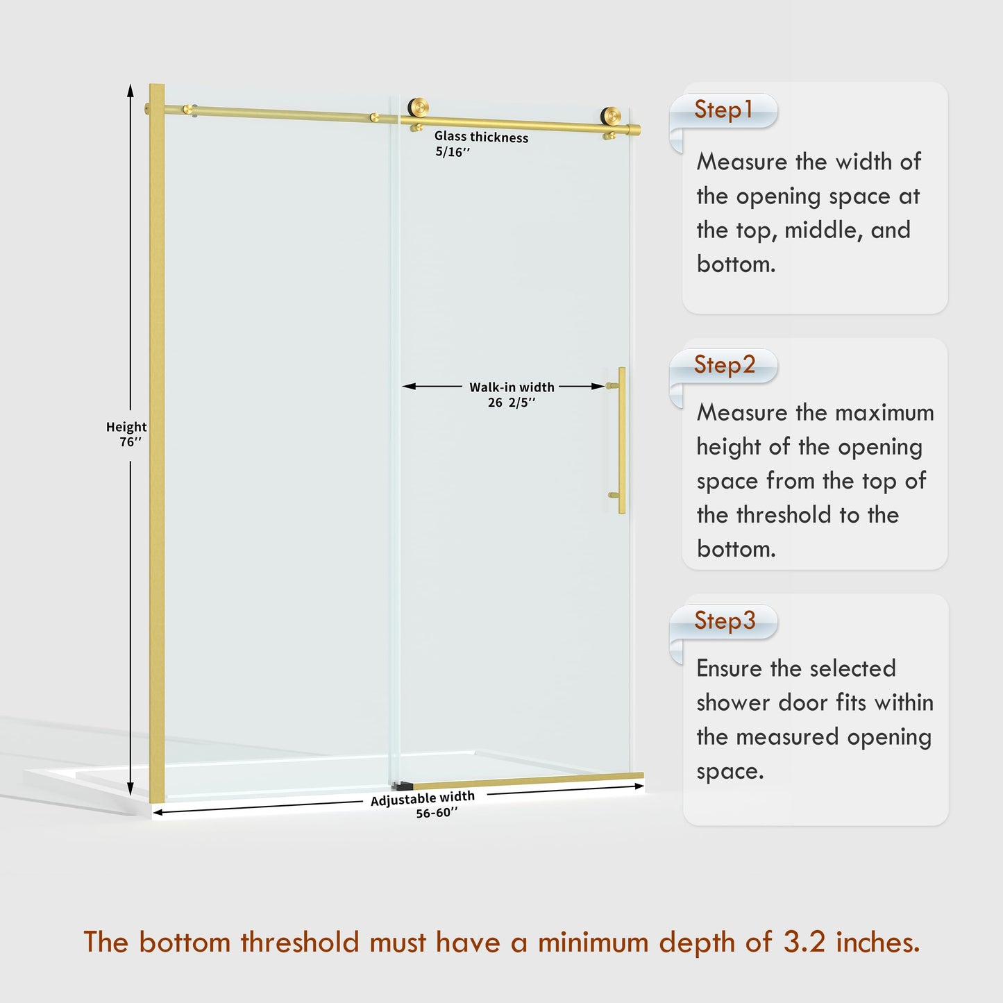ENSO SENKA 56-60” x 76” Frameless Shower Door, 5/16" (8mm) Clear SGCC Tempered Glass, Bathroom Glass Sliding Shower Doors, Brushed Gold