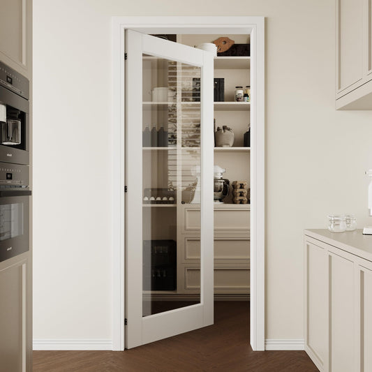 CRUTOP 32''x80'' 1-Panel Clear Glass Interior Slab Shaker, Pre-Assembled Panel for Barn Door, Pocket Doors, French Doors; for Pantry, Bedroom, Closet, Laundry Room & Bathroom –White Paintable