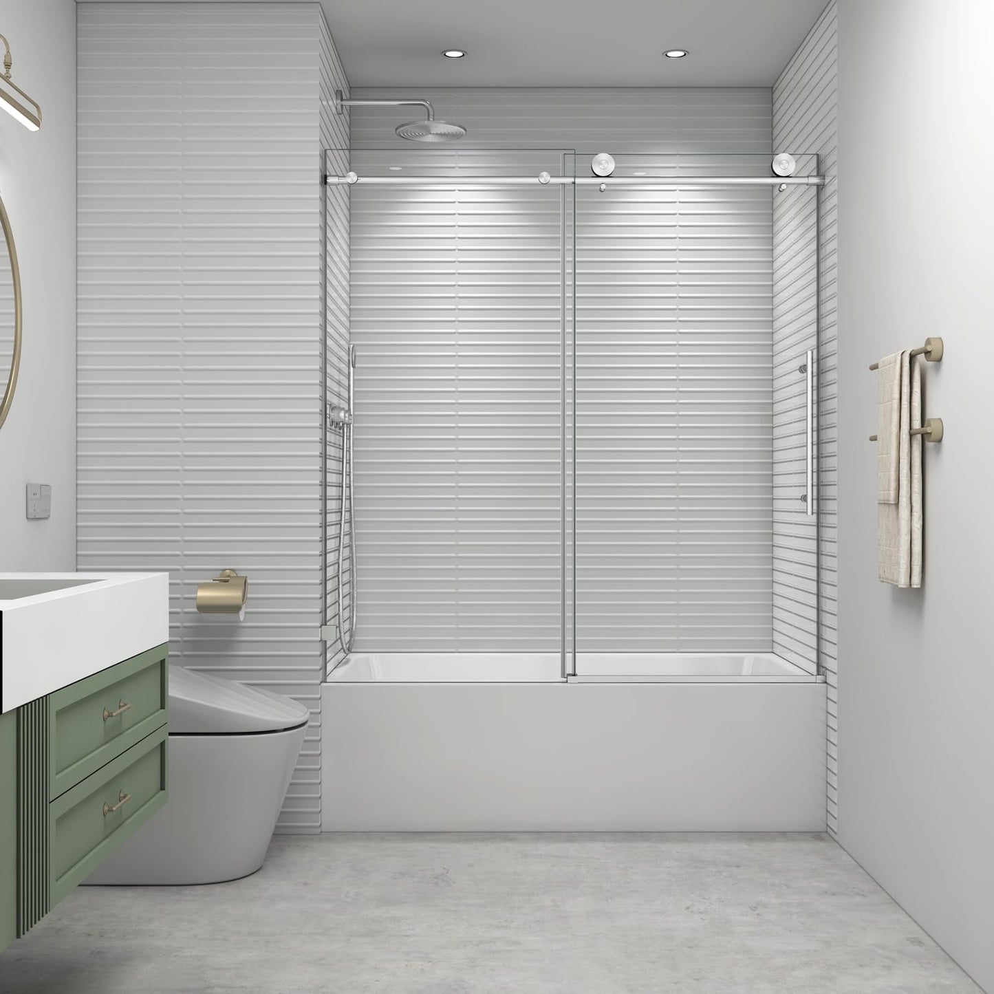 EPXMKX 55"-60" W x 63" H Bathtub Soft Closing Sliding Shower Door,Water Repellent Frameless Tub Shower Door with 5/16" (8mm) Nano Explosion-Proof Film Transparent Glass (Brushed Nickel 60" Wx63 H)