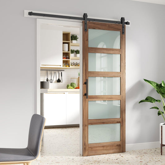 FREDBECK 30in x 80in inch Glass Barn Door with 5.5FT Barn Door Hardware Kit with Handle Included,5-Panel Frosted Glass,Wood Panel,Water-Proof Surface,Need Assembly…
