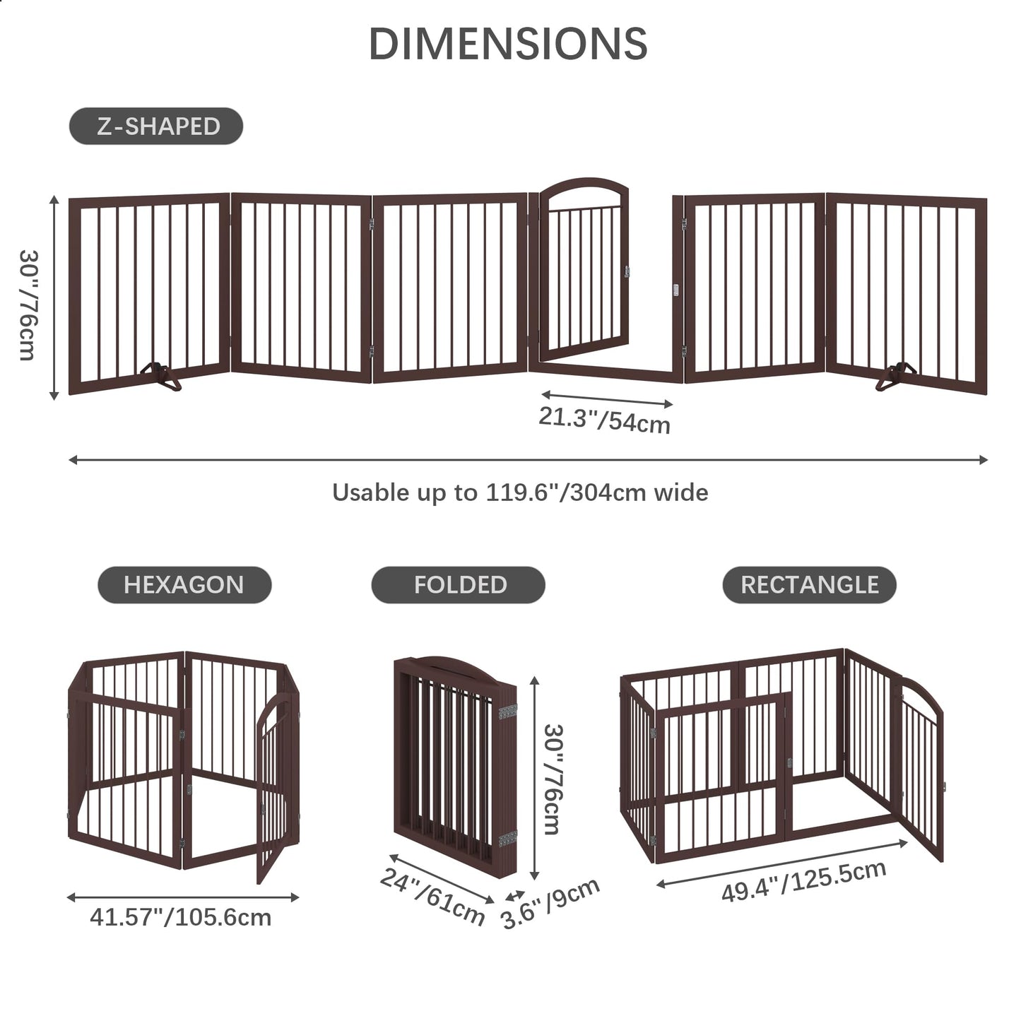 JSB 144-inch Extra Wide 30-inch Tall Dog gate with Door Walk Through, Freestanding Round Tube Pet Gate for Halls Stairs, Puppy Safety Dog Fence with 2PCS Support Feet (Espresso)
