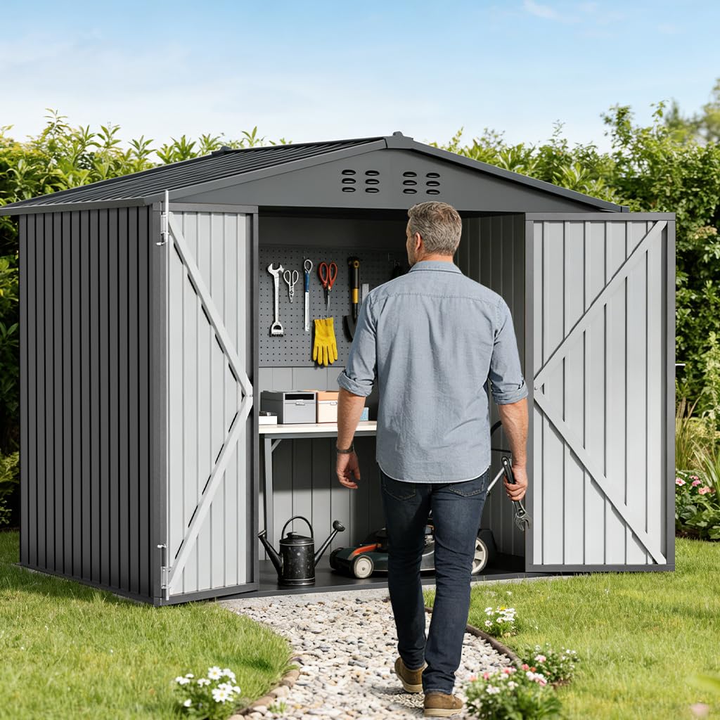 COMHOMA Shed Storage Outdoor Metal Windowed Lockable Weatherproof Ventilated Backyard Garden Utility Workshop(Grey,8'*6')