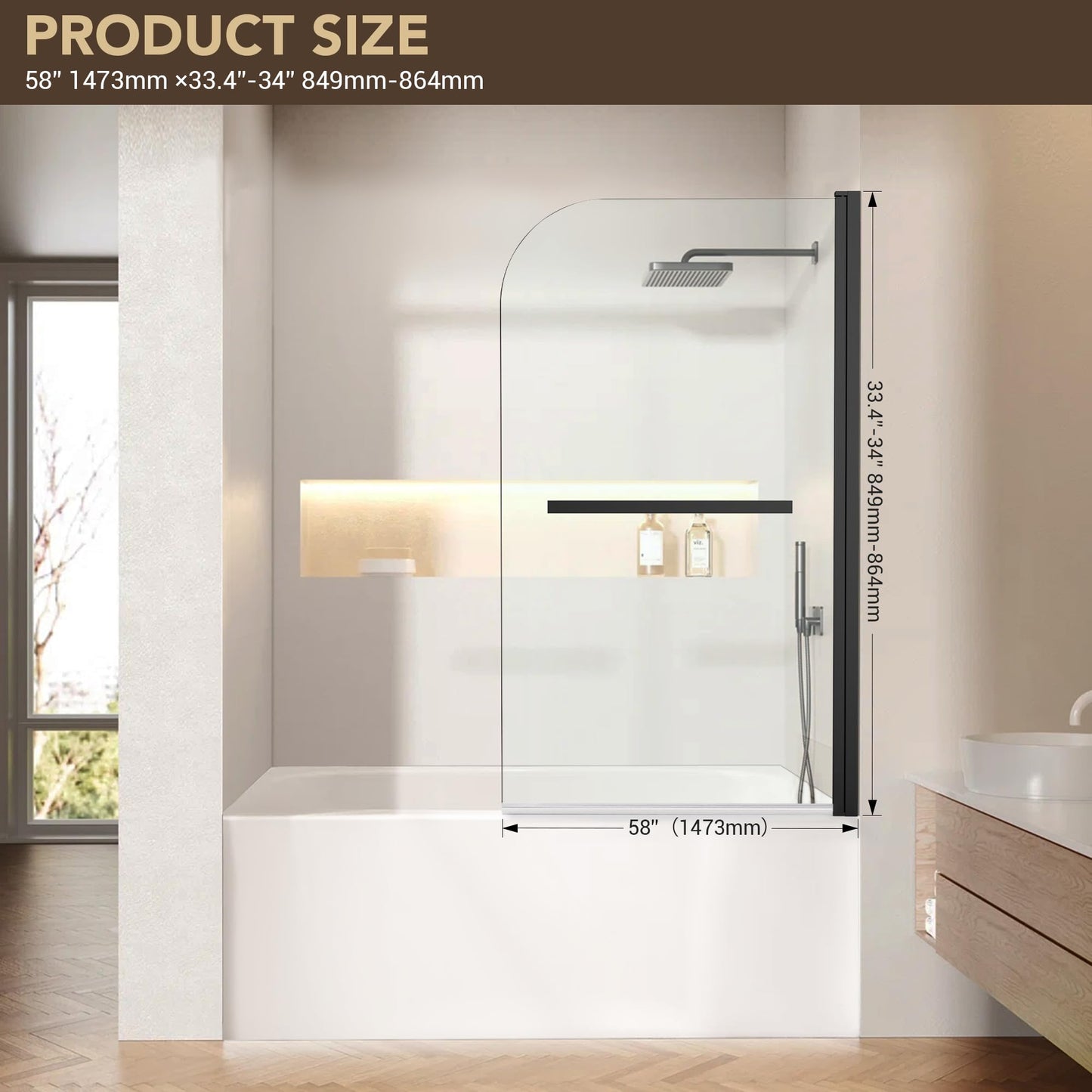 Bathtub Shower Door, 34" W x 58" H Hinged Bathtub Glass Door Semi-Frameless Bypass 1/4"(6mm) Tempered Glass Shower Door with Explosion-Proof Film Stainless Steel Matte Black