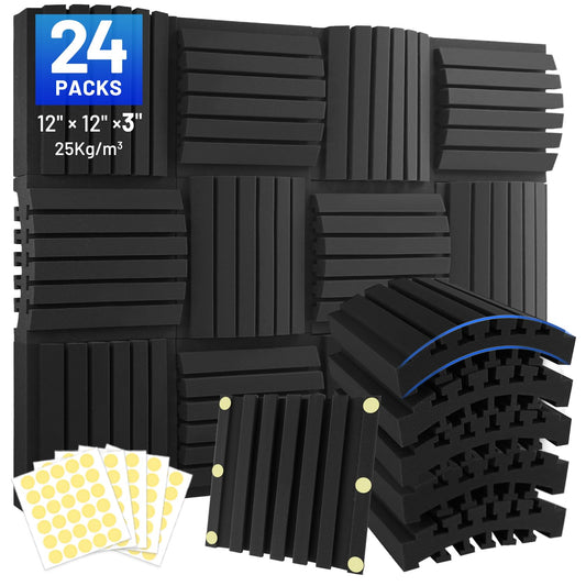 Focusound 24 Pack Curved Acoustic Foam Panels 3" x 12" x 12" Sound Proof Foam Panels Soundproofing Noise Cancelling Wedge Panels for Home Office Recoding Studio with 150 PCS Double-Side Adhesive