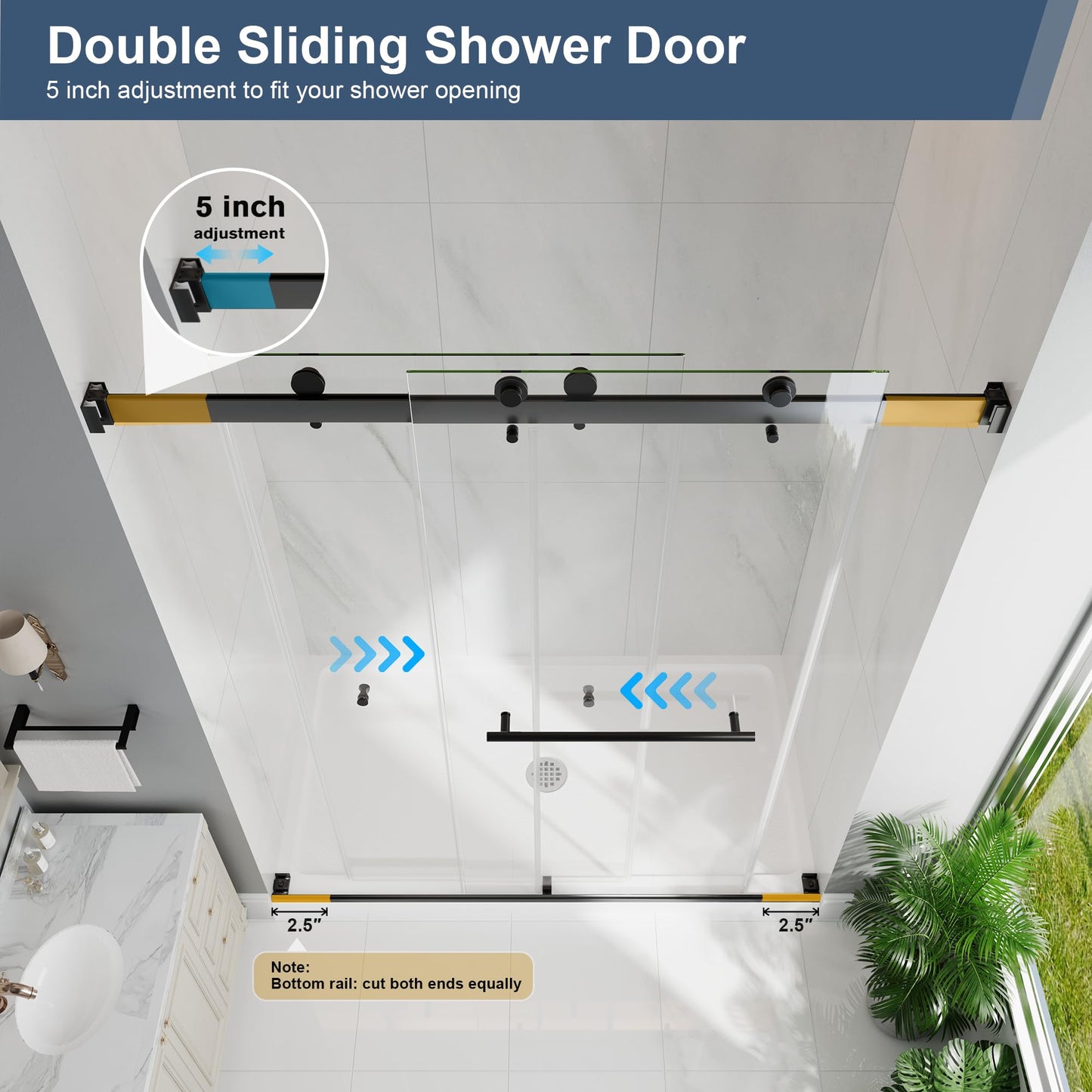 EASYWORC Frameless Double Sliding Shower Doors, 55-60" W x 76" H, 1/4" (6mm) Thick ANSI Certified Tempered Glass with Explosion-Proof Film and Nano Coating Shower Glass Door, Matte Black