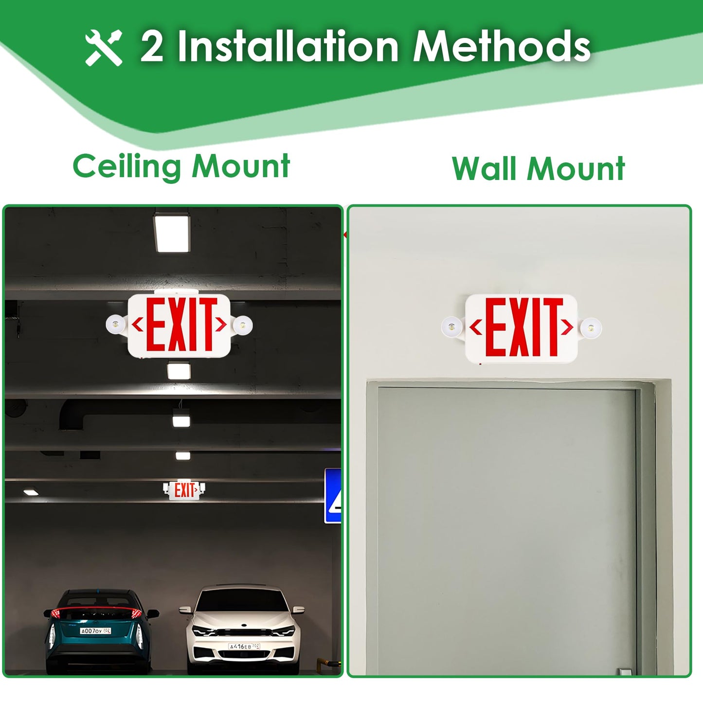 Gruenlich LED Exit Sign Combo with Emergency Lights, Adjustable Heads and Double Sided, Battery Backup, UL 924 Qualified, AC 120-277V, Commercial Emergency Exit Light for Business- 2 Pack