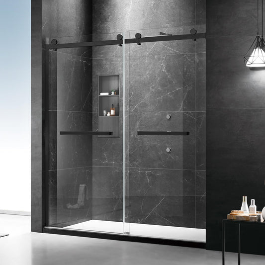 MoSweet Milano Double Sliding Shower Door, 44-48 in.W x 74 in.H Framed Shower Door 5/16"(8mm) Clear Tempered Glass, 18 inch Pull Handle, Stainless Steel Hardware, Matte Black Finished