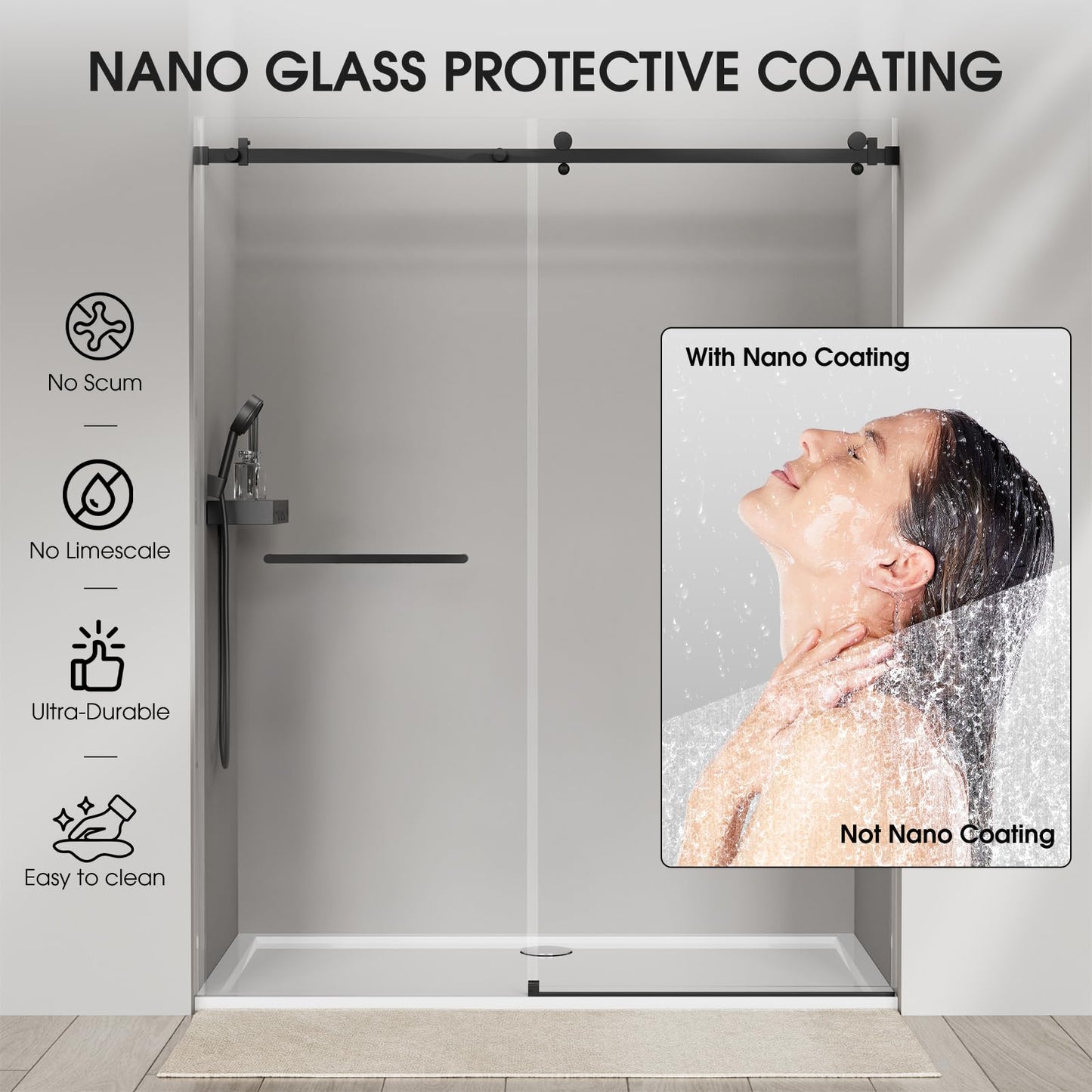 LARWORKS Frameless Glass Shower Door 5/16''(8mm), Sliding Bathroom Door56-60 in. W, 75 in. H, SGCC Tempered Glass, Explosion-Proof Film, Nano Coating, Matte Black - Square