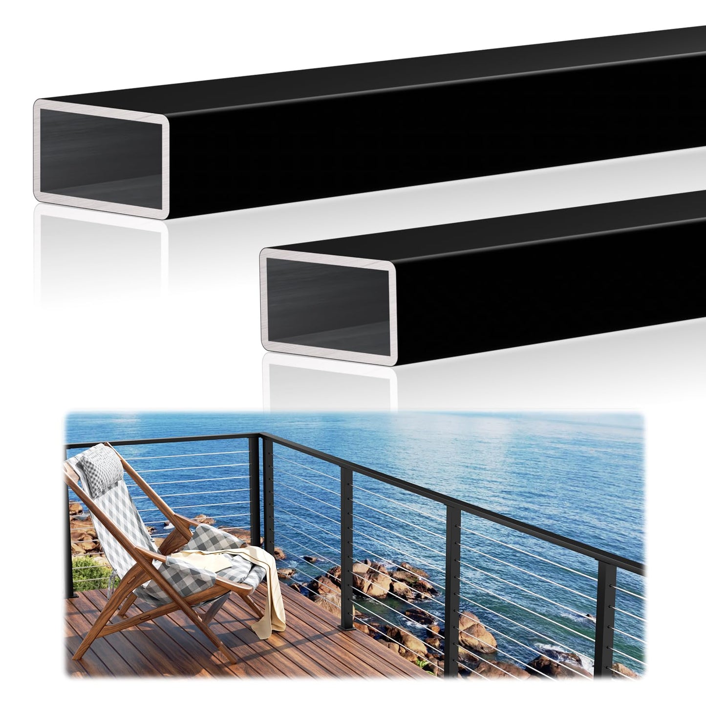 2 Pack 10FTx 2"x1" Aluminum Black Handrail with Self Drilling Screws Nylon End Caps, AAMA 2604 Coating, 2.8mm Thick Flat Handrail Cuttable Top Rail for Deck Stair Railing Indoor Outdoor