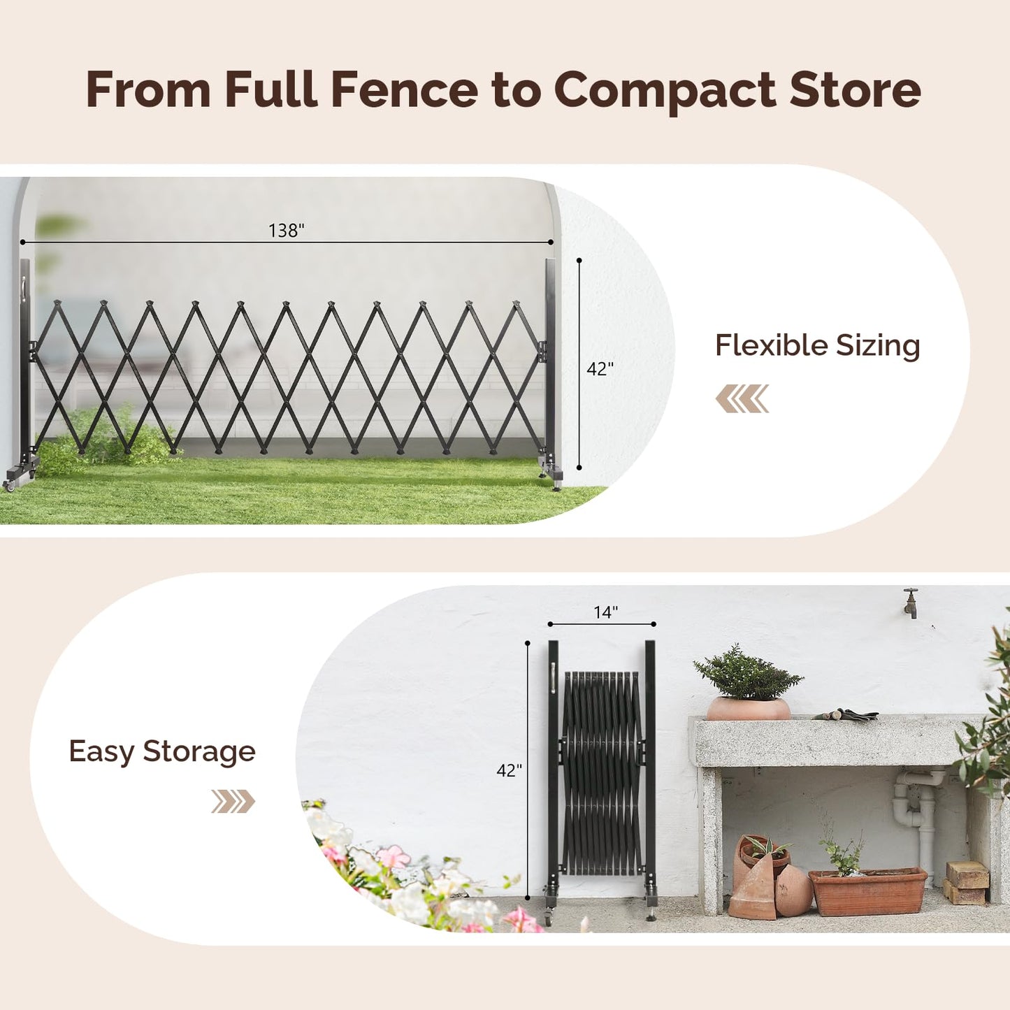 VINGLI 11.5ft Expandable Garden Fence with Casters, Aluminum Retractable Barricade Gate, Adjustable Safety Gate, Pet Barrier for Patio, Garage, Driveway, Crowd Control (Black)
