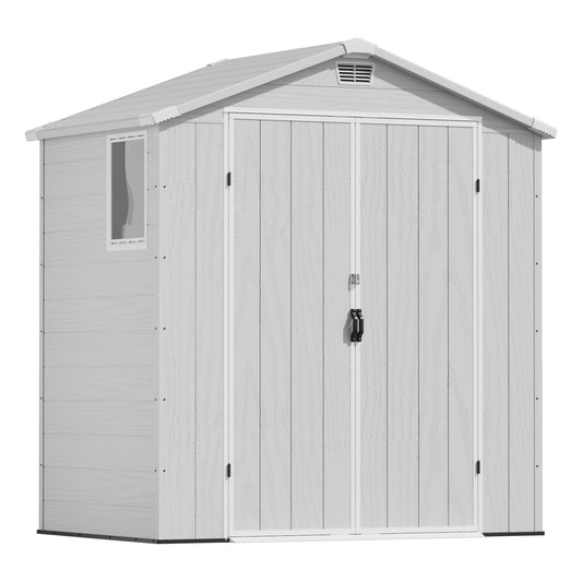 Devoko 6x4 FT Plastic Storage Shed, Outdoor Resin Garden Shed with Floor, Durable Tool Storage Shed with Lockable Door and Window for Patio, Garden, Backyard, Light Gray