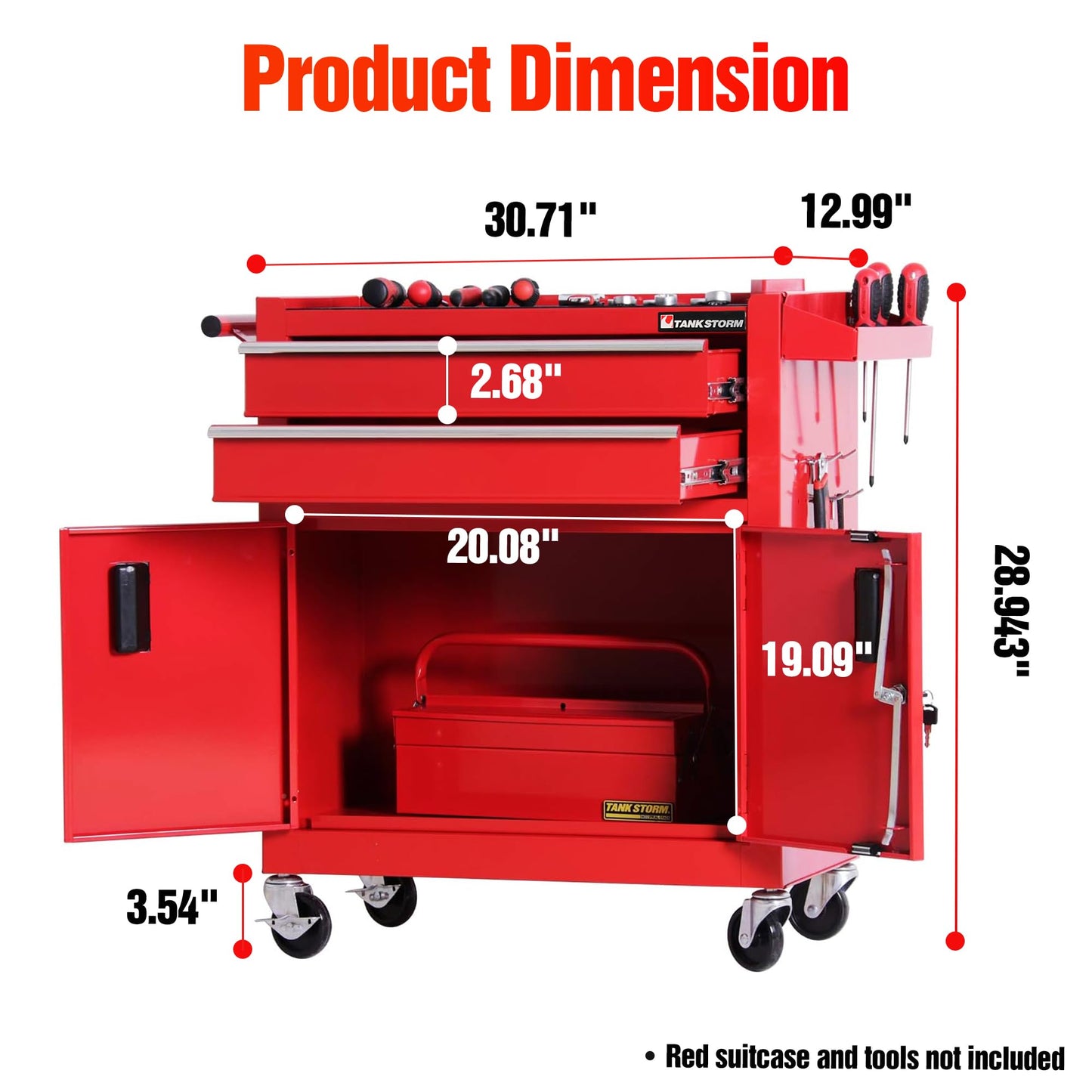 TANKSTORM Tool Chest Heavy Duty Cart Steel Rolling Tool Box with Lockable Doors (TZ12 Red)