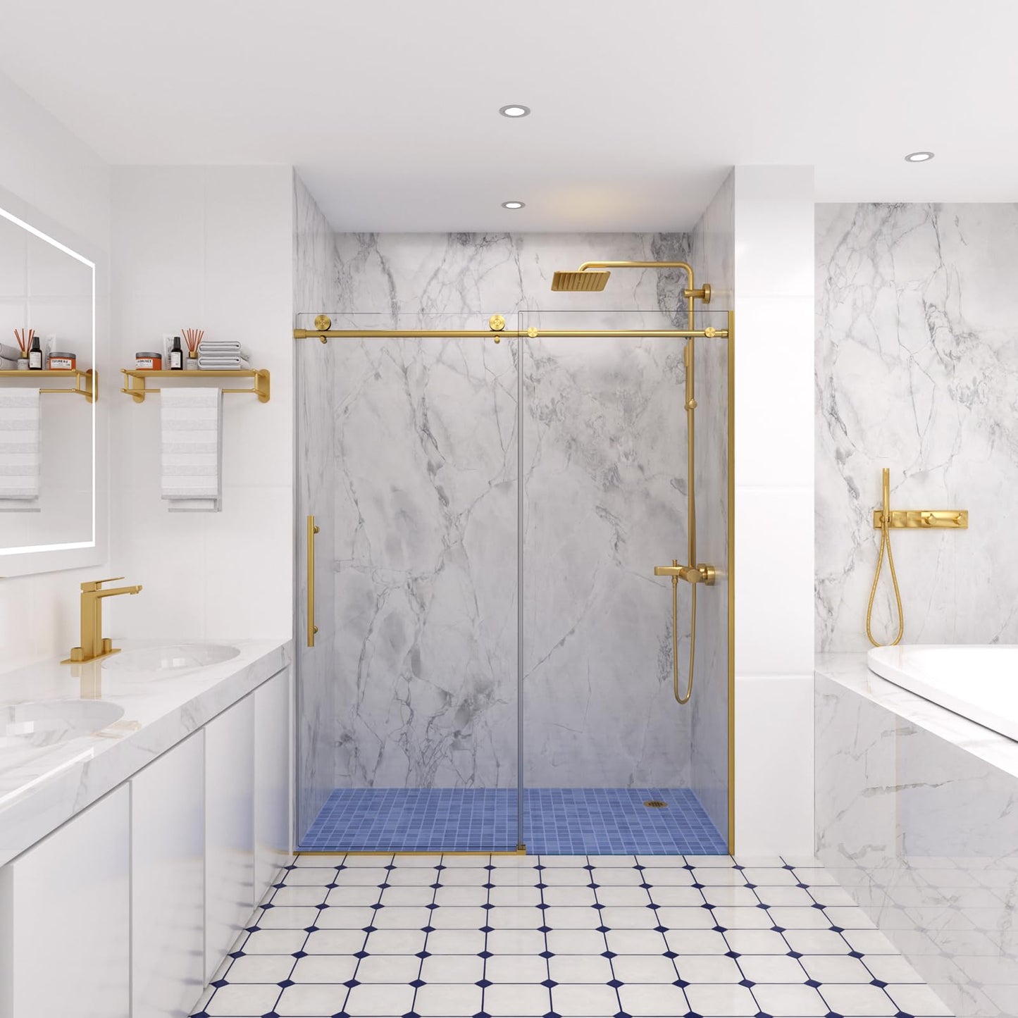 Shower Door,56-60" W x 74" H Frameless Single Sliding Shower Doors with Soft Close System,5/16" (8mm) Clear Tempered Glass with Nano Coating,Stainless Steel Hardware,Brushed Gold