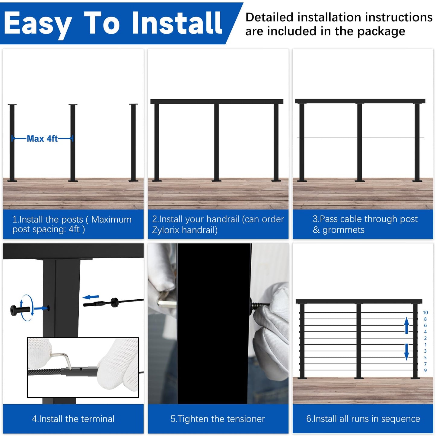 Zylorix Modular 12-24FT Swageless Cable Railing System Post Kit 36" with 4 Heavy-Duty T304 Stainless Steel Level Post, Patent Reusable Cable Railing Kit, Modular Outdoor Finish(No Handrail), Black