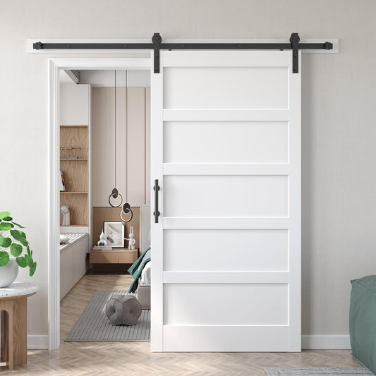 Fredbeck 40x84 inch White Barn Door with 7FT Sliding Door Hardware Kit Included & Handle,MDF,Solid PVC Surface,DIY Assembly,5-Panel