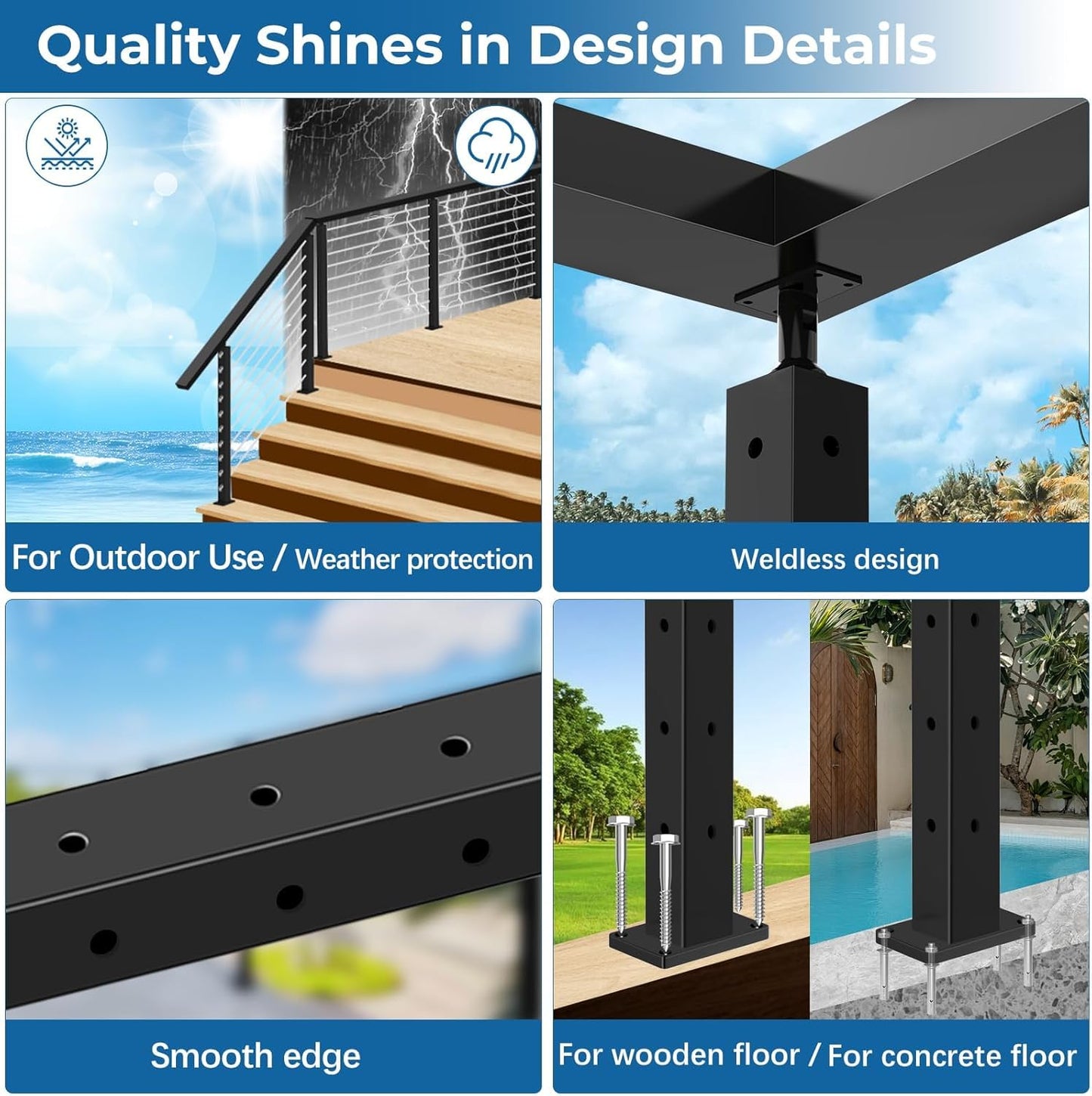Zylorix 4Pack SS316 Cable Railing Corner Post 36" (Post 35"x2"x2") for Coastal Lake, 90° Drilled Railing Post with Cable Grommets, Adjustable Top Stainless Steel Black Finish L-drilled Staircase Post