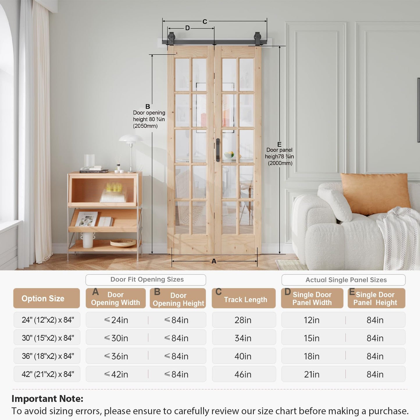 Easelife 36 x 84 in (Double 18x84 inch) Bifold French Glass Door,Sliding Folding Barn Doors with 3.3FT Hardware Track kit Included,Preassembled,Easy Install