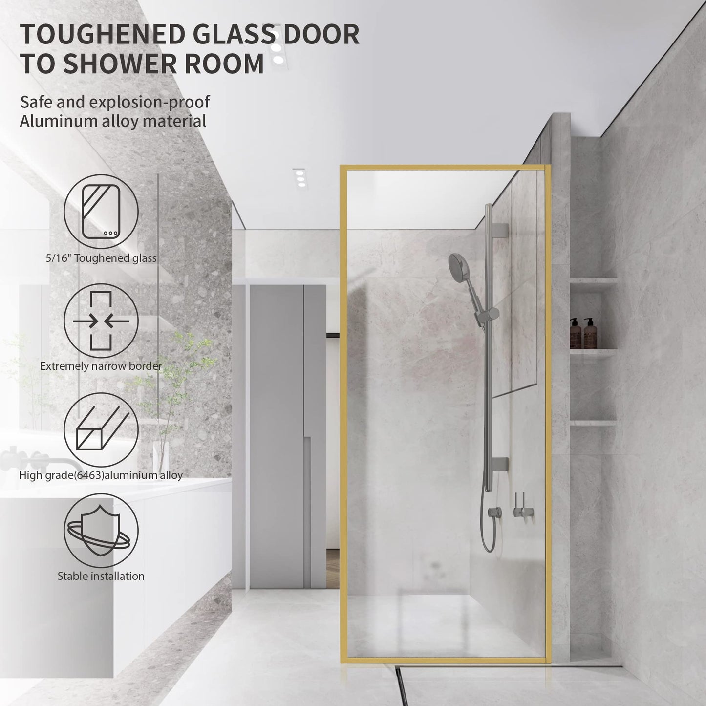 Bathroom Fixed Glass Shower Wall Panels, 34 in W x 74 in H Framed Tempered Shower Glass Panel for Open Walk-in Bathroom and Bathtub, Clear Glass Shower Panel with Matte Brushed Gold Finish