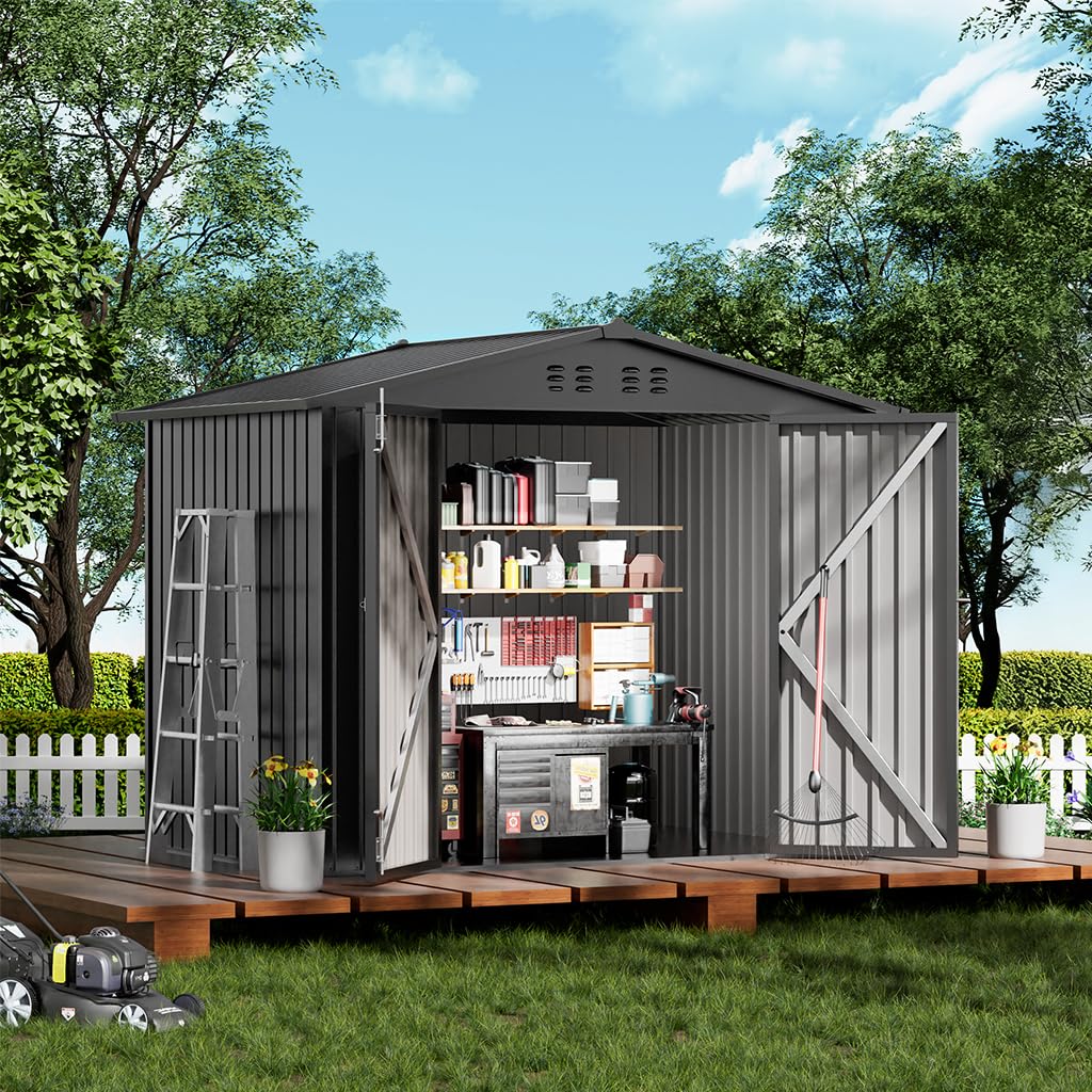 COMHOMA Shed Outdoor Storage Shed Metal,Lockable Doors Tool Sheds with Sloping Roof,Steel Garden Shed with Air Vent for Backyard,Patio,Lawn,Poolside(Grey,8'x6')