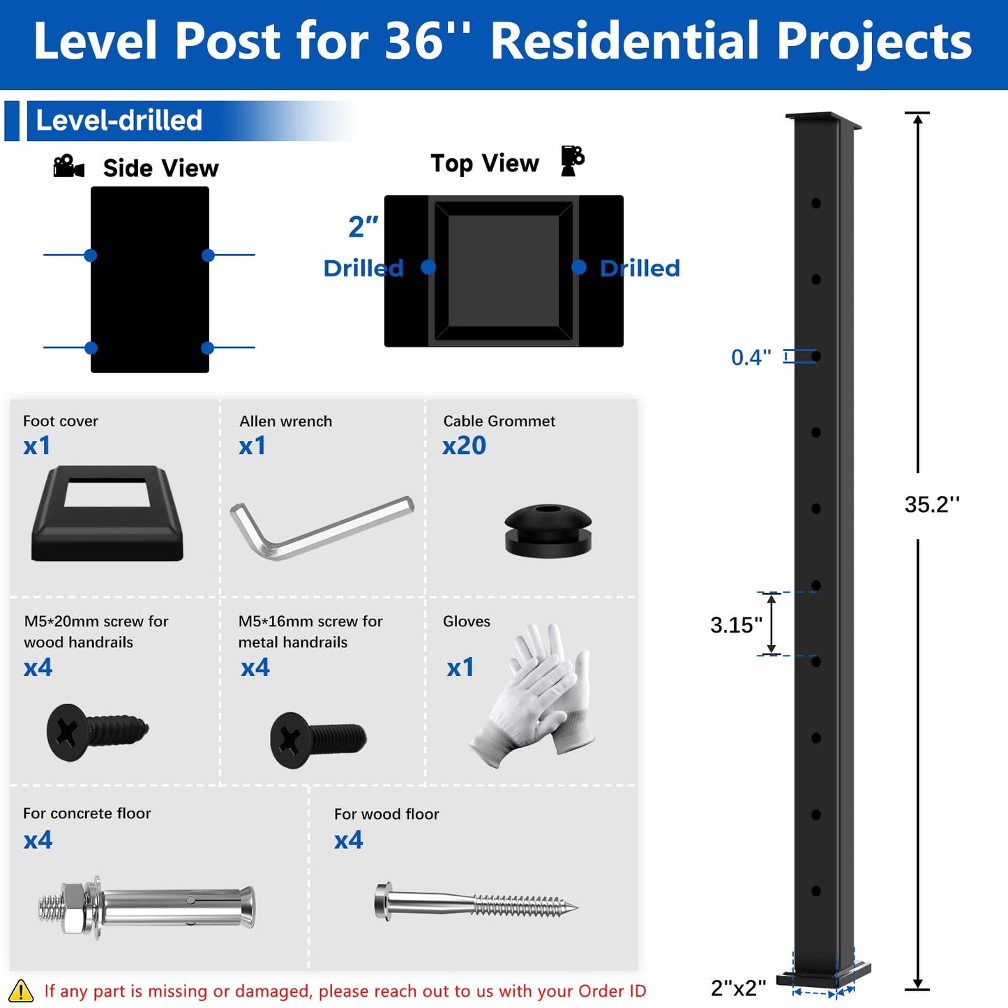 Zylorix 36" T304 Cable Railing Post(Post 35"x2"x2"), Level Drilled Railing Post with Cable Grommets, Modular Fixed Top Mount Cable Handrail Post, Stainless Steel Black Finish Indoor Outdoor Deck Post