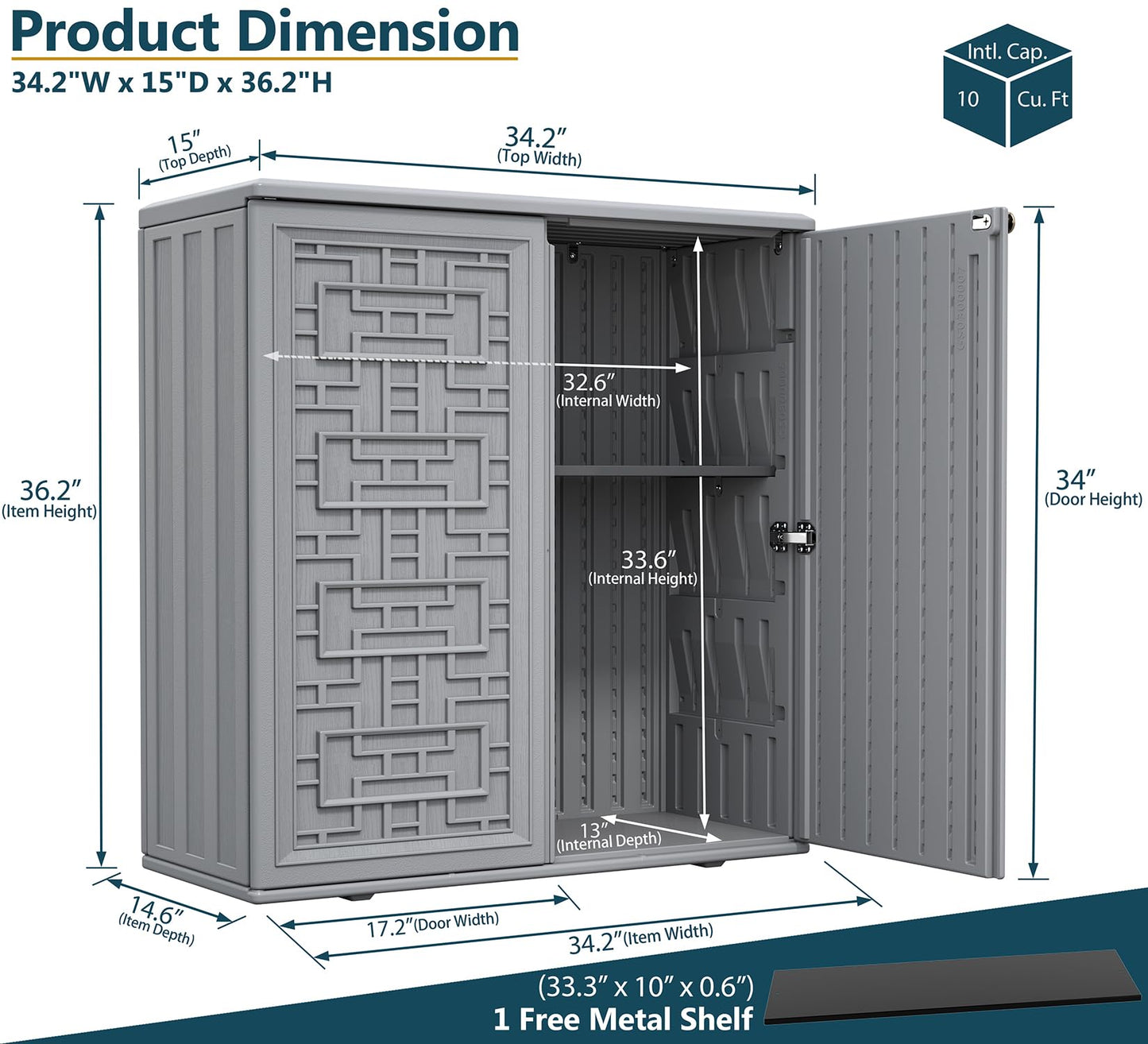 HOMSPARK Indoor/Outdoor Storage Cabinet with Doors and Shelf, 34”x15”x36” HDPE Plastic Storage Box Waterproof for Patio, Garden, Balcony, Multi-Purpose for Daily Tools, Grey