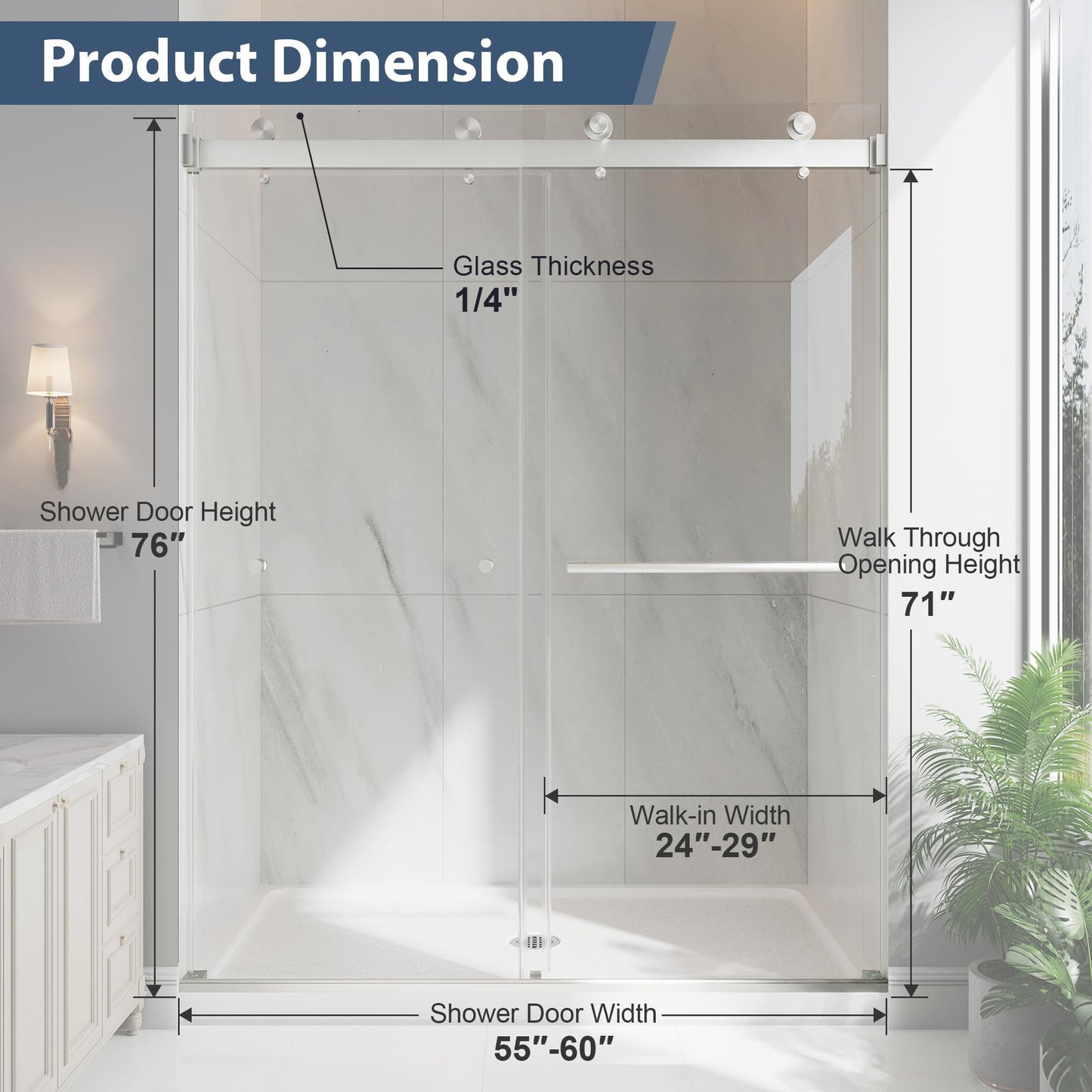 EASYWORC Frameless Double Sliding Shower Doors, 55-60" W x 76" H Shower Glass Door, 1/4" (6mm) Thick ANSI Certified Tempered Glass with Explosion-Proof Film and Nano Coating, Brushed Nickle