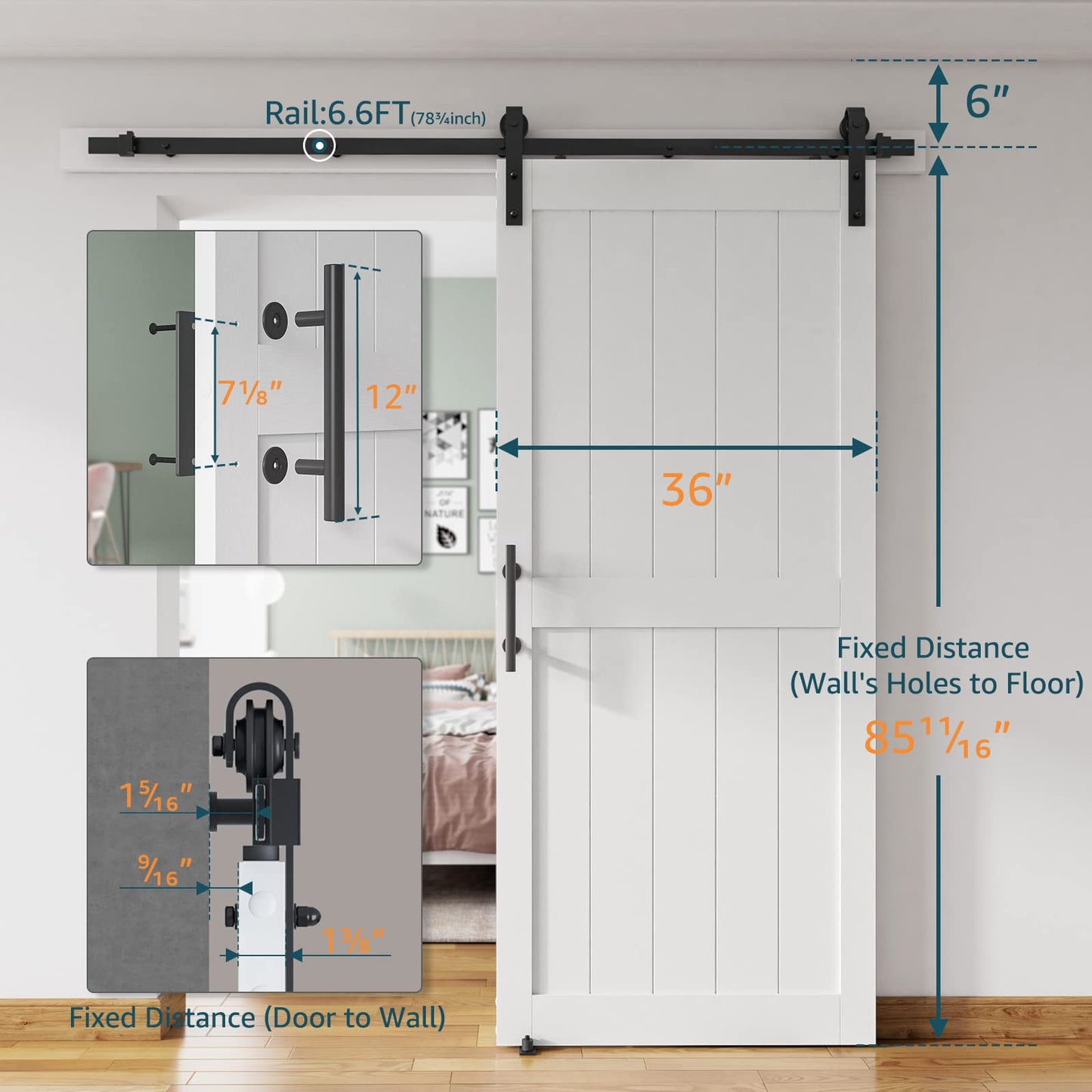 ALAMEDADT 36''x84'' Sliding Barn Door with 6.6 Ft Barn Door Hardware Kit, Fits 32-34''W Openings, Pre-Drilled Holes Easy Assembly-Waterproof PVC Surface, H-Frame, White