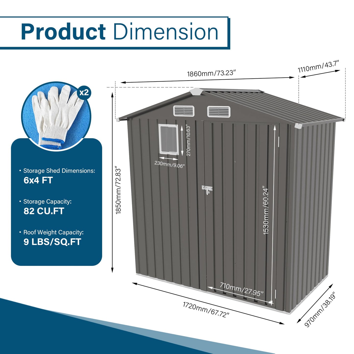 YOPTO 6X4 FT Metal Outdoor Storage Shed,Waterproof Tool Sheds with Pitched Roof and Positive Window,Backyard House Buildings w/Lockable Door & Vents,for Garden Sundries Sundries Bike,Gray