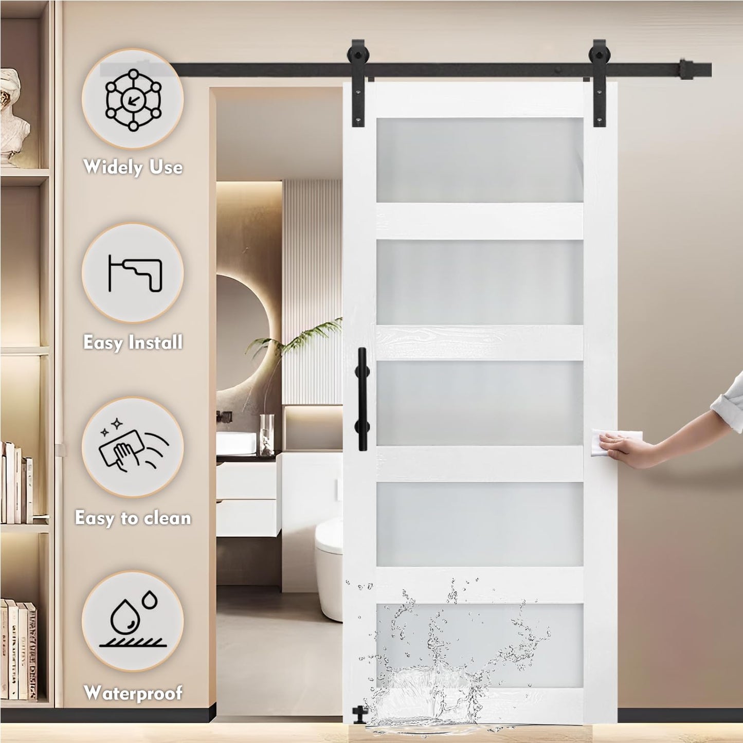S&Z TOPHAND® 60in x 96in Glass Sliding MDF Barn Door with 10FT Sliding Door Hardware Kit, 5 Tempered Frosted Glass, Slab Inside Covered with Water-Proof PVC Surface, Simple DIY Assembly