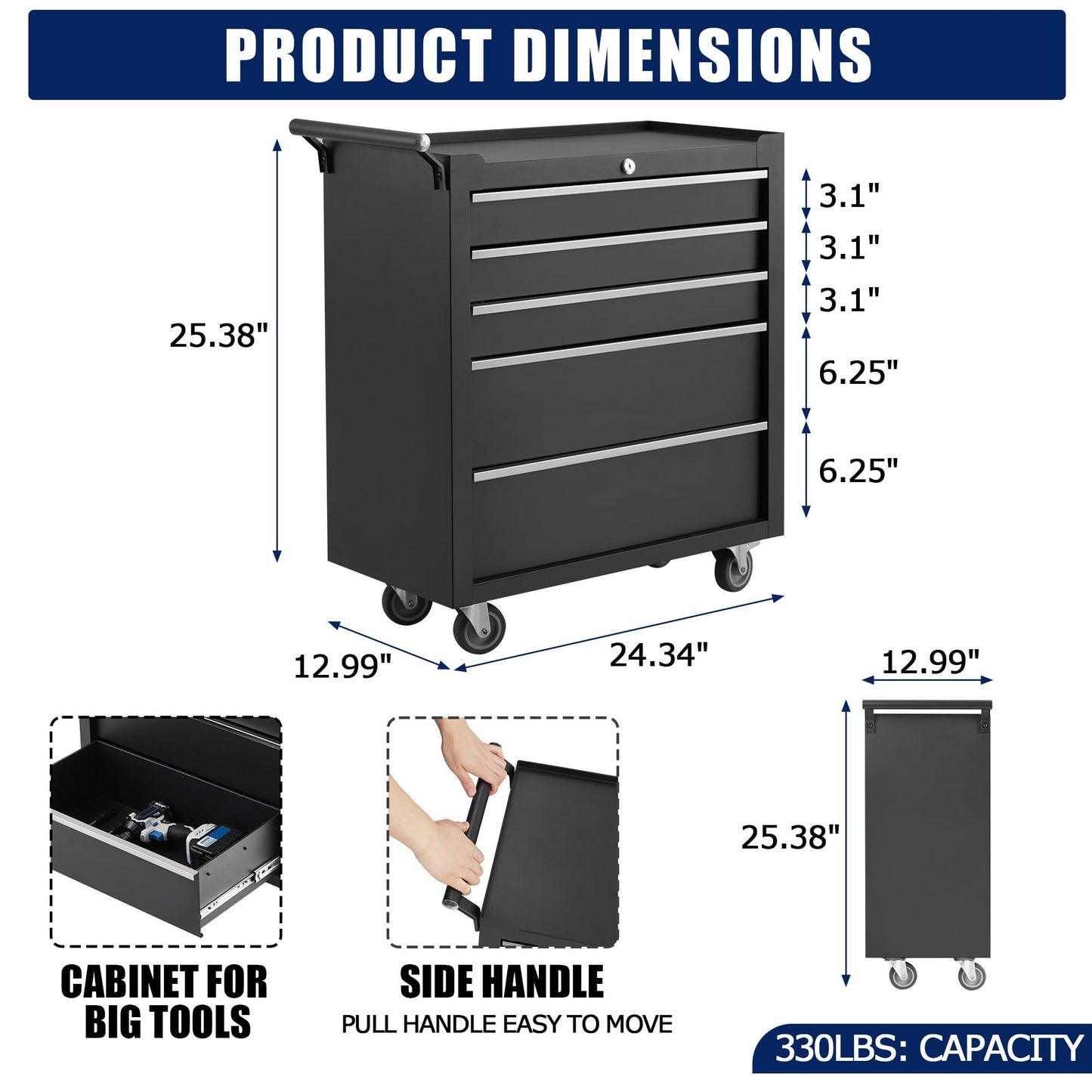Professional 24 Inch 5-Drawer Tool Chest on Wheels, Constructed with Durable Cold-Rolled Steel, Features 4 Swivel Locking Casters & Full-Extension Drawer Slides, Mobile Tool Storage for Mechanics and