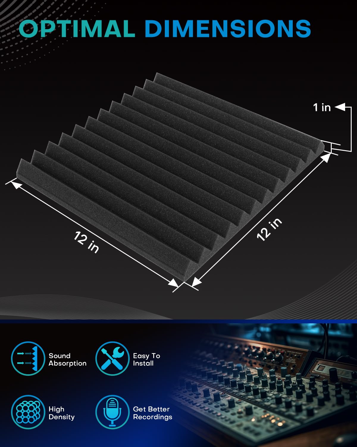 Knightsacoustic 96 Pack Sound Proof Foam Panels for Walls, 1 X 12 X 12 Inches Acoustic Foam Panels, High Density Acoustic Panels Sound Absorbing, Black Noise Cancelling Studio Wedges(NOT ADHESIVE)