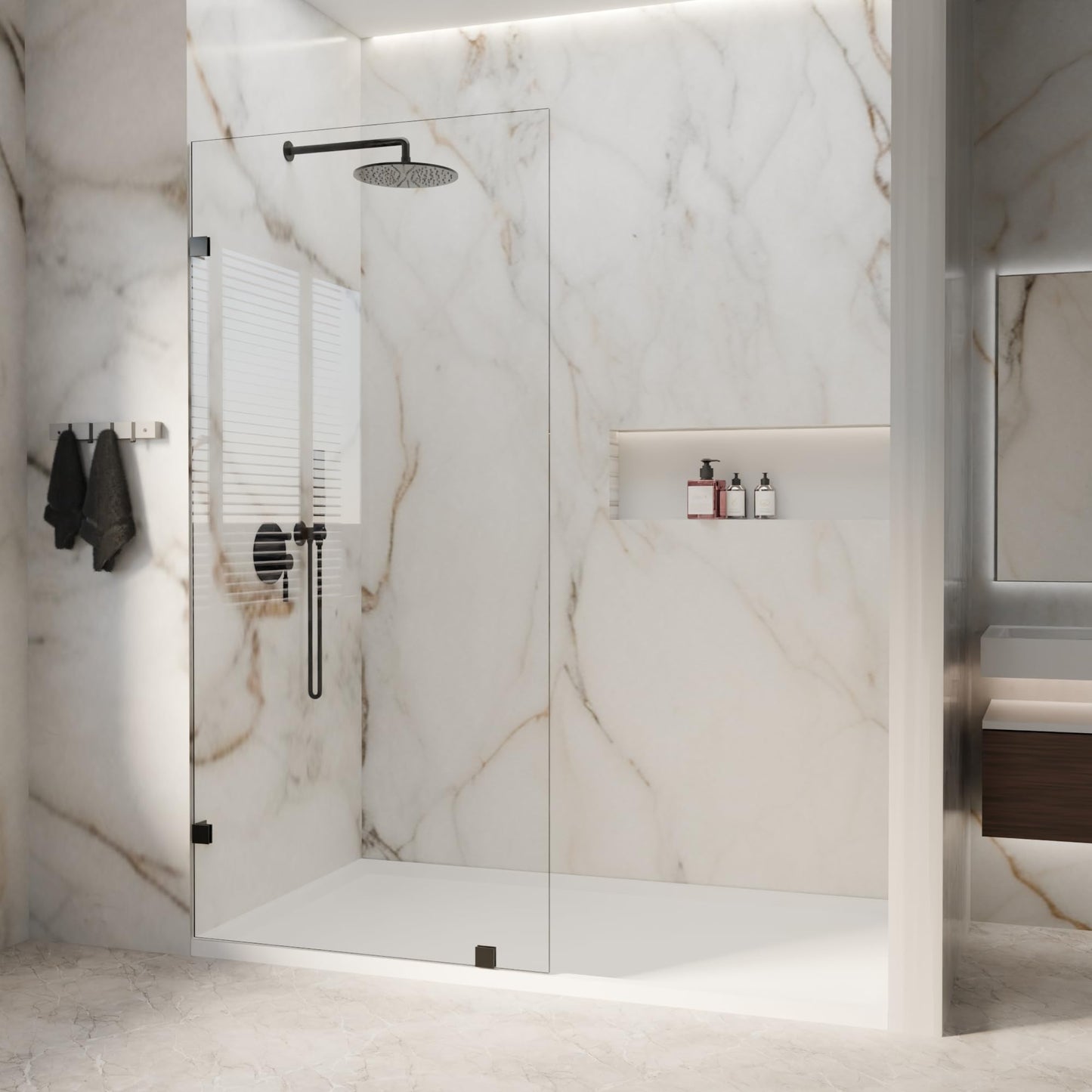 32" W x 72" H Fixed Shower Glass Panel, 3/8” 10mm Single Frameless Shower Doors for Walk in Shower with Clear Tempered Glass Explosion-Proof Film for Bathroom, Matte Black