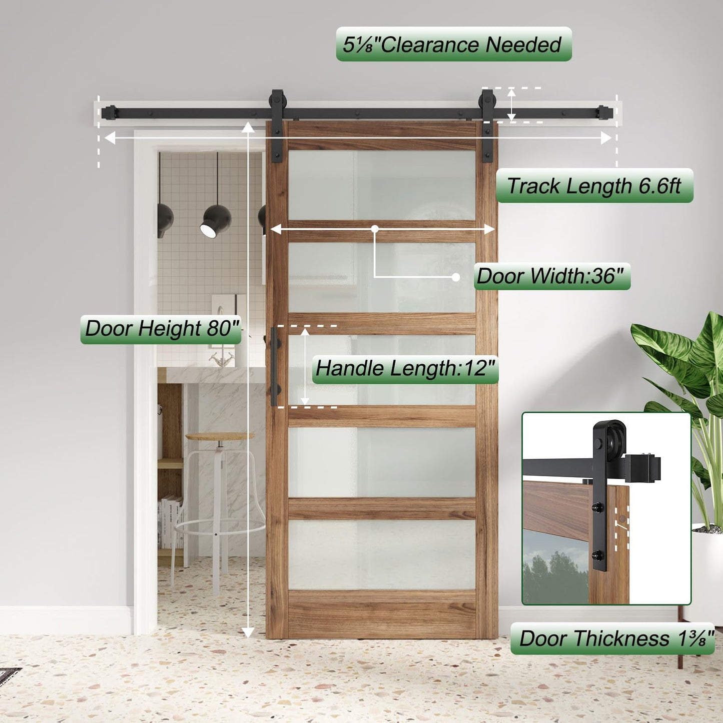 FREDBECK 36in x 80in Glass Barn Door Glass Door with 6.6FT Barn Door Hardware Kit & Handle Included,5-Panel Frosted Glass, Water-Proof Surface,Pre-Drilled Holes,Need Assembly