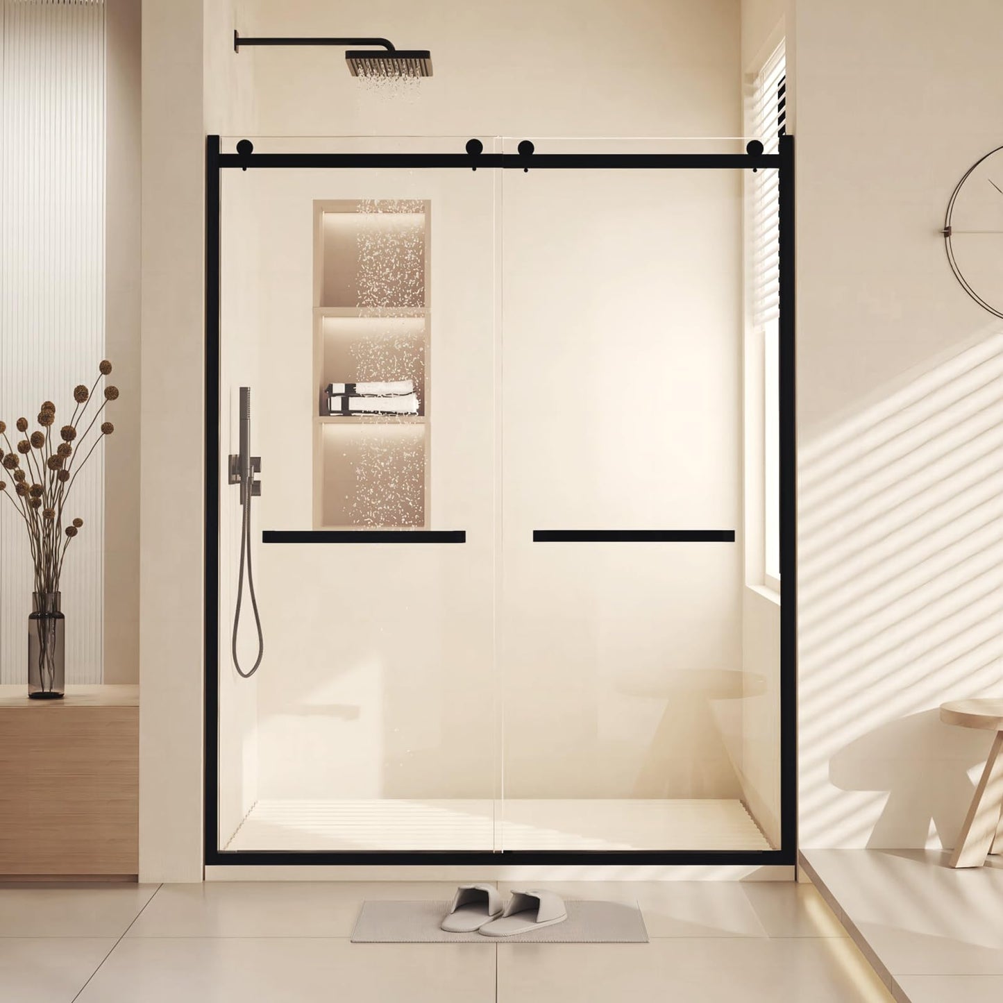 MilleLoom Shower Door, Semi-Frameless Sliding Shower Door with Explosion-Proof Film Clear Tempered Glass, Double Sliding Shower Door with Stainless Steel Handle & Water Seal Strips, 60" x76"