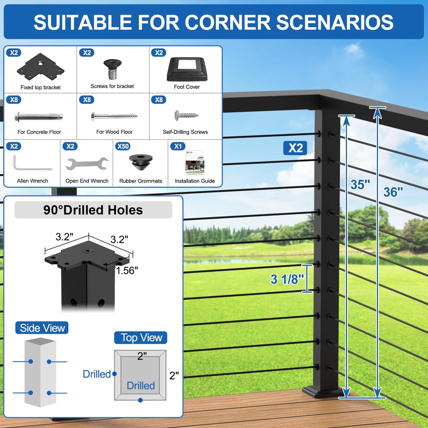 PLANTOP 36" Cable Railing Corner Post(Post 35"x2"x2"), 2 Pack 90° L-Drilled Flat Top Corner Post, Stainless Steel Black Surface Mount Deck Cable Railing Post for Indoor Outdoor, MY08-C